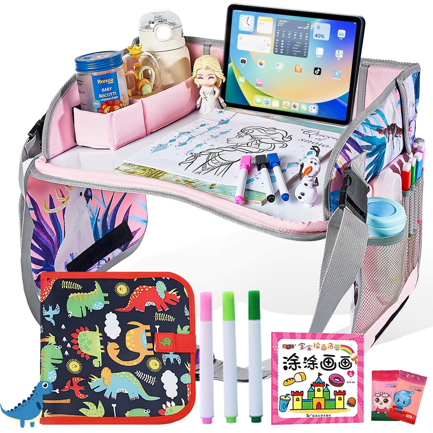 TDVCVZSD Mesa de actividades de viaje para niños,bandeja para asiento automóvil,con kit de pintura y bolsa almacenamiento,plegable y con almacenamiento,imprescindible para viajar automóviles y aviones (Selva tropical + Dragón rojo)