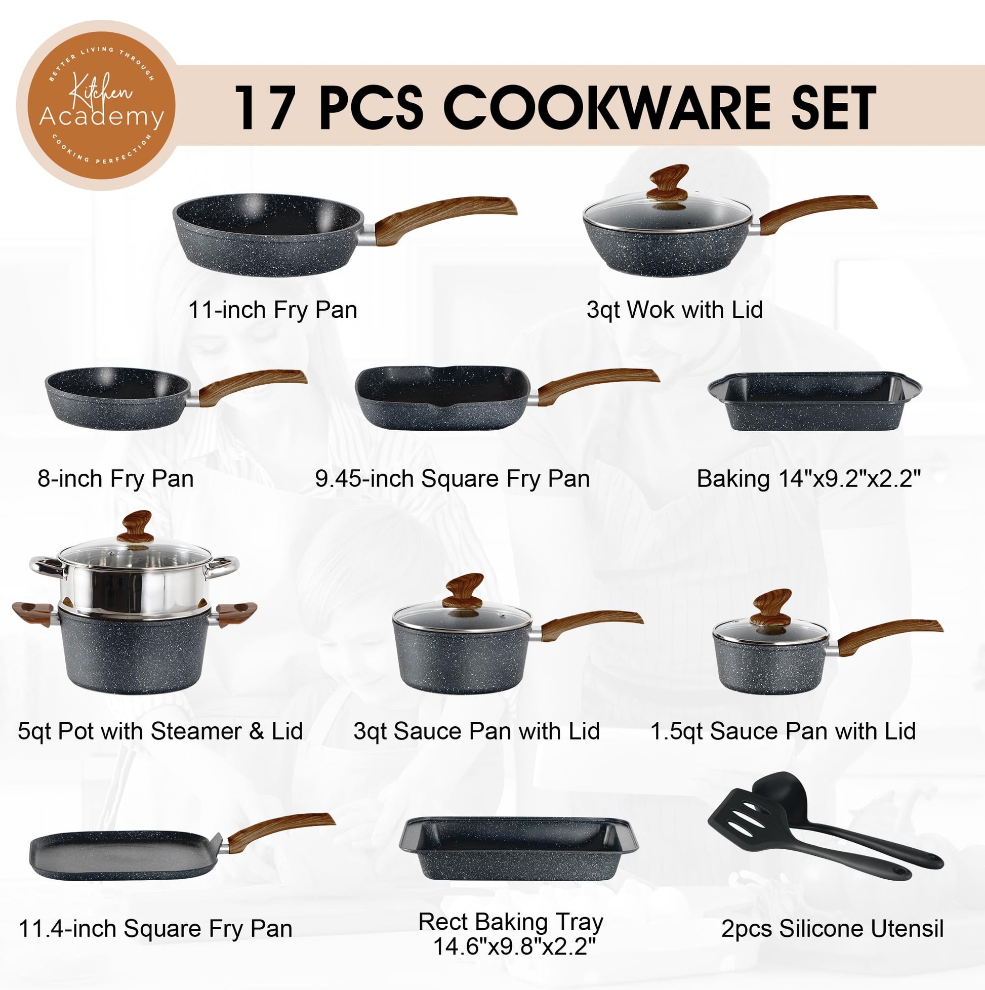 KITCHEN ACADEMY BETTER LIVING THROUGH COOKING PERFECTION Juego de utensilios de cocina de inducción, 17 piezas, antiadherentes, juego de ollas y sartenes de granito negro