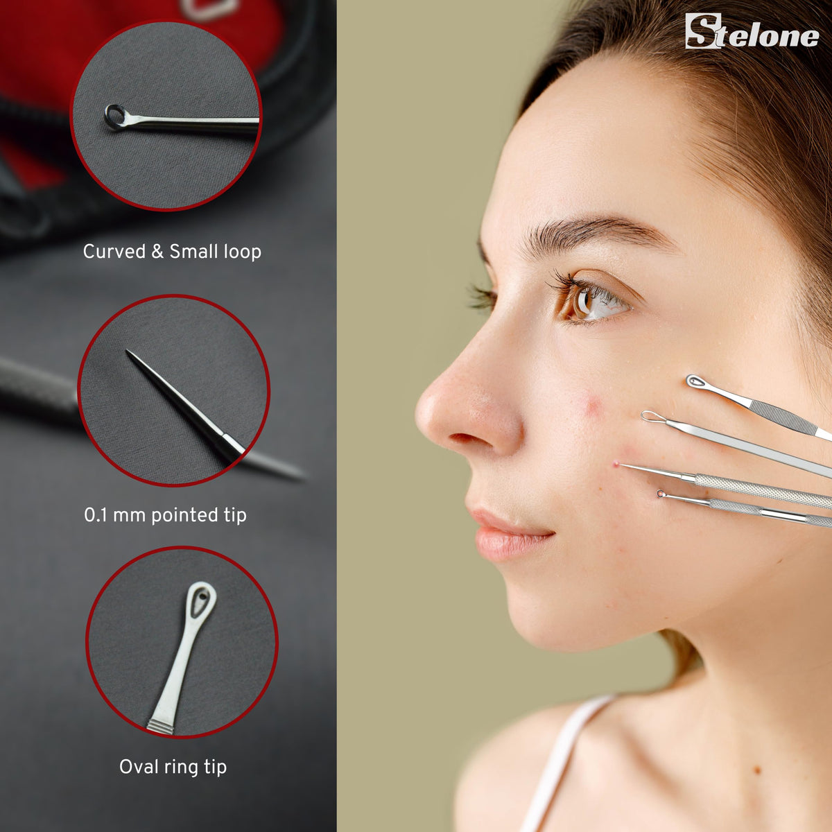 Stelone Kit de Extracción de Espinillas - Herramientas Profesionales para Puntos Negros Y Acné En Rostro Y Cuerpo - Set de Extracción de Comedones de Acero Inoxidable con Estuche