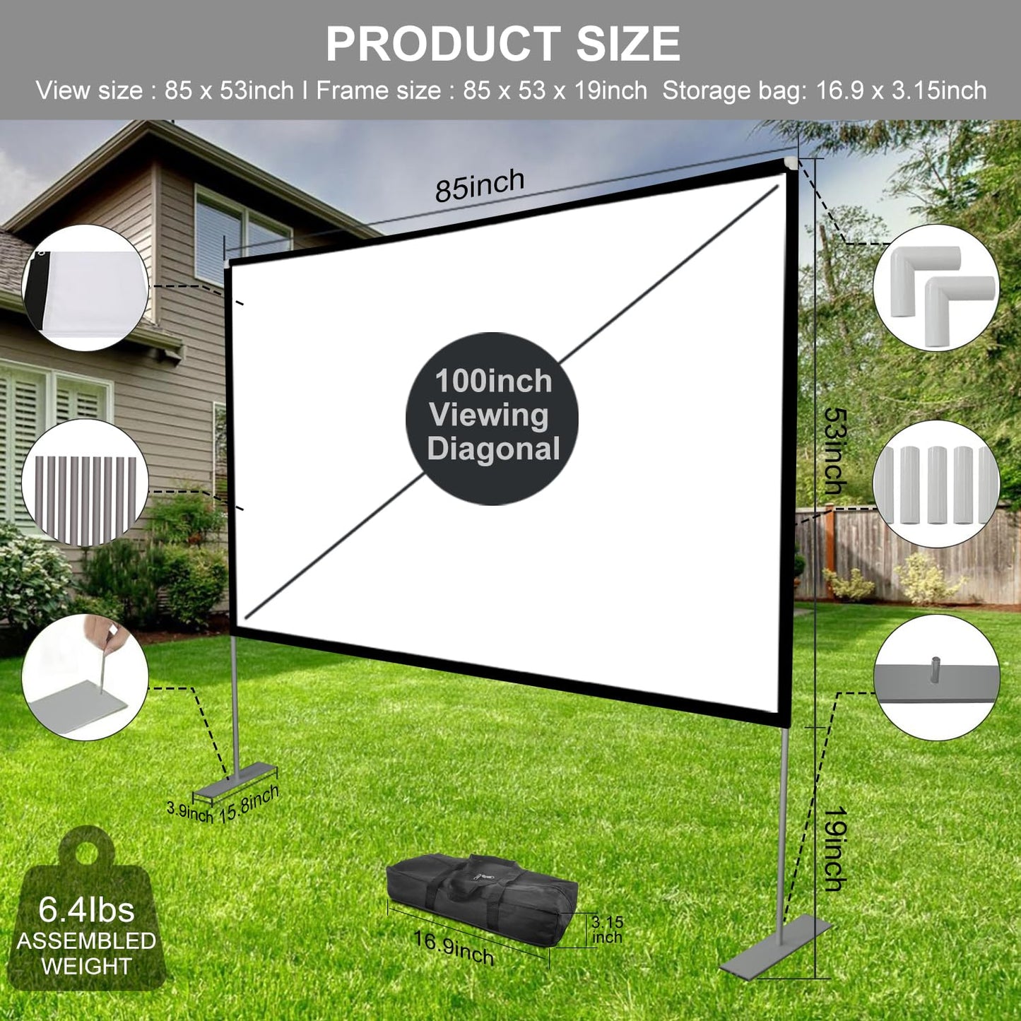 visualización de proyector para exteriores con soporte de 100 pulgadas: visualización de proyección portátil 16:10 4K HD al aire última intervensión con bolsa de transporte para el hogar patio trasero