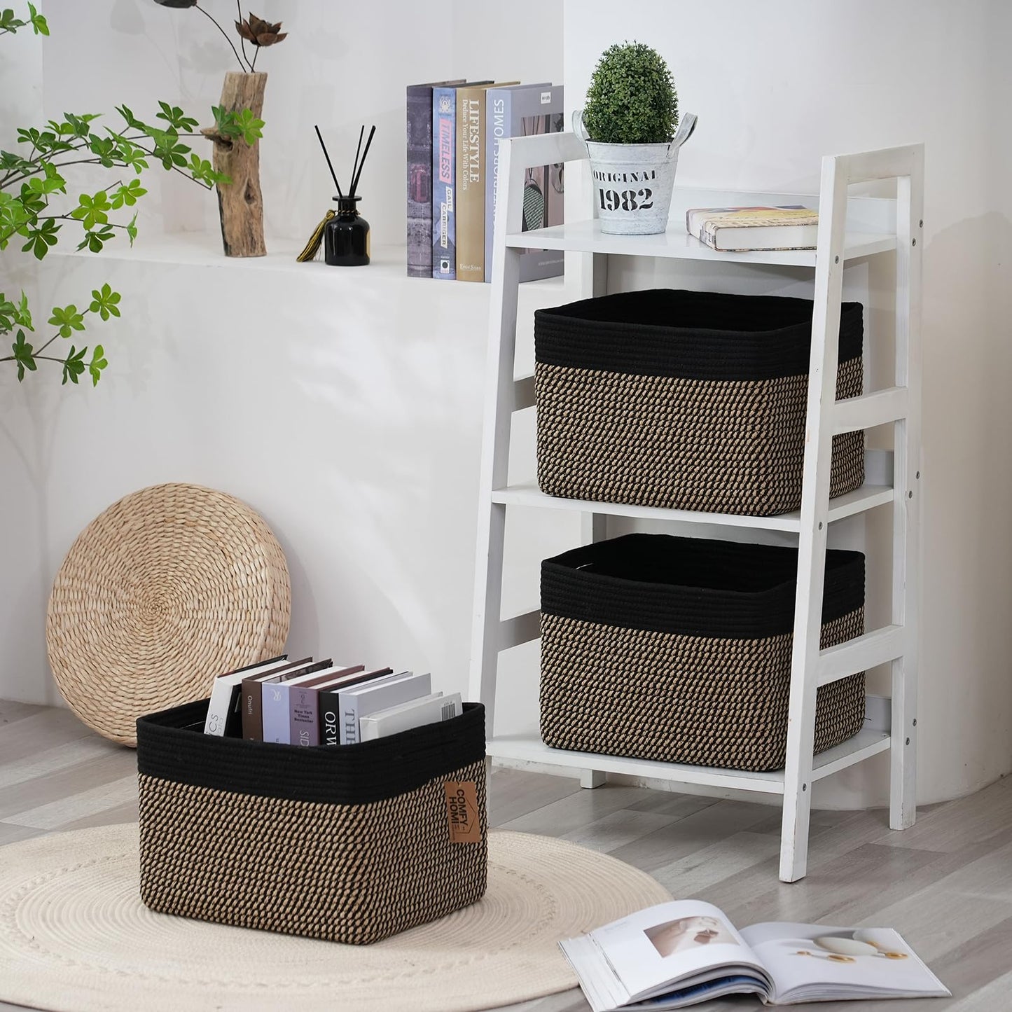 COMFY-HOMI Paquete de 3 cestas cuadradas de cuerda de algodón con asas para estantes | Recipiente para juguetes de perro y almacenamiento | Regalo para bebé | Organizador de zapatos | Nuevo de 13.5 x