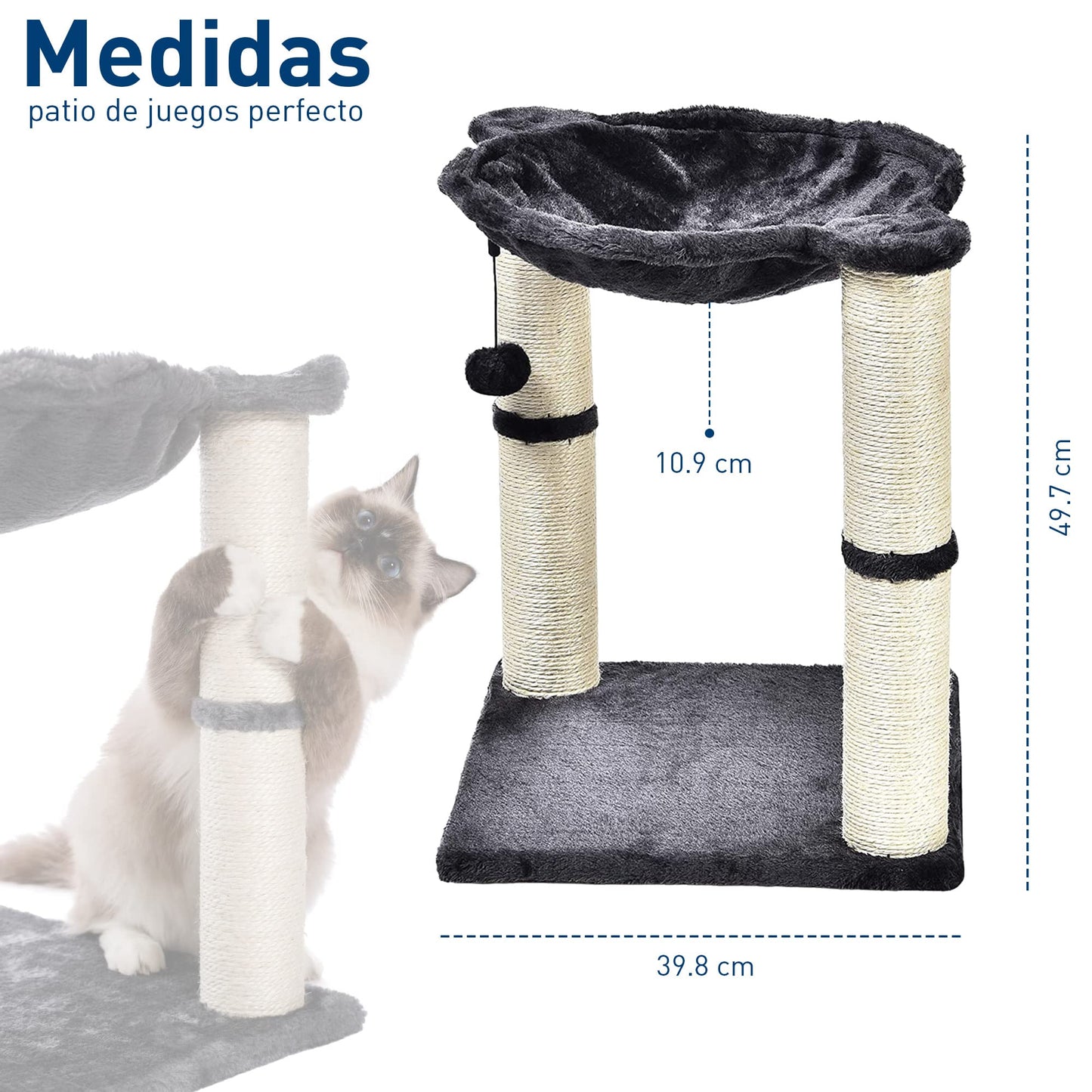 Bluelander Rascador para Gatos, Torre para Gatos de 50 cm de Altura, Arbol para Gatos con Hamaca para Descansar, Superficie Sólida y Afelpada, Juguete Suave Colgante, Cuerda de Sisal Duradera