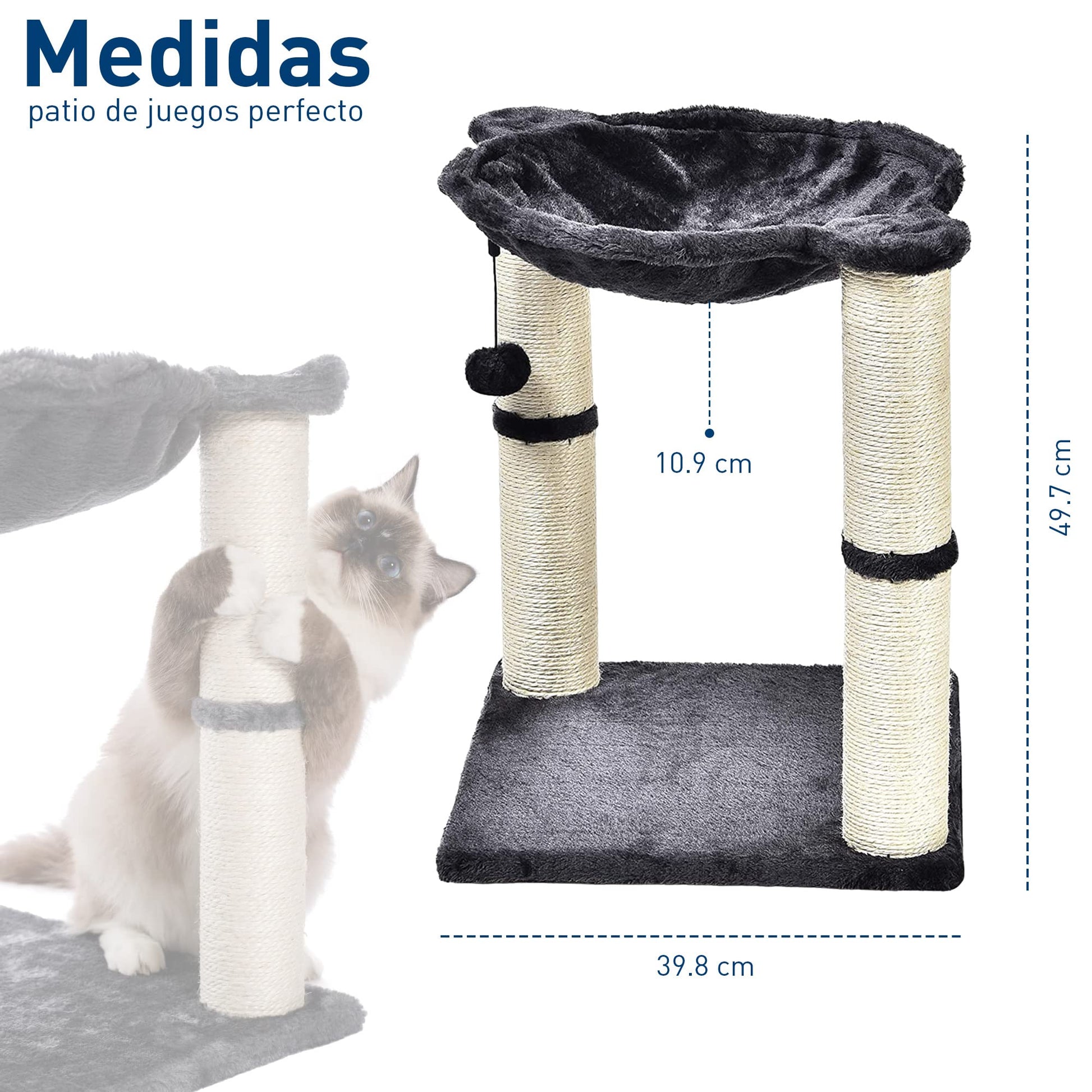 Bluelander Rascador para Gatos, Torre para Gatos de 50 cm de Altura, Arbol para Gatos con Hamaca para Descansar, Superficie Sólida y Afelpada, Juguete Suave Colgante, Cuerda de Sisal Duradera