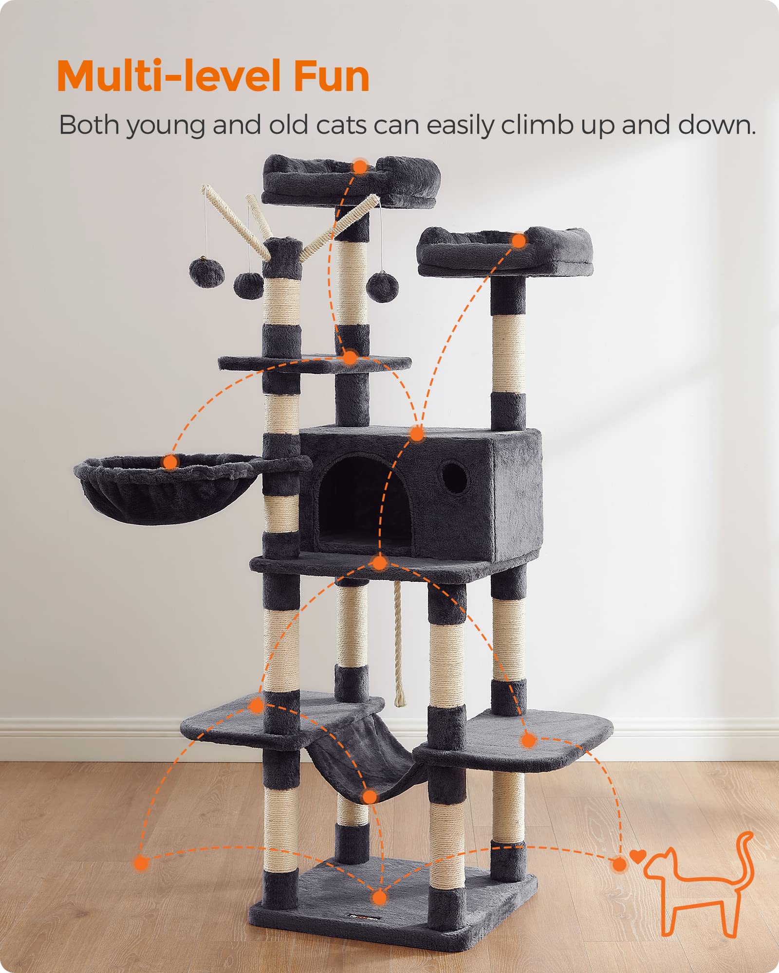 Feandrea Árbol para Gatos, Torre Grande para Gatos, 164 cm, con Hamaca, Condominio para Gatos, Gris Ahumado MPCT087G01
