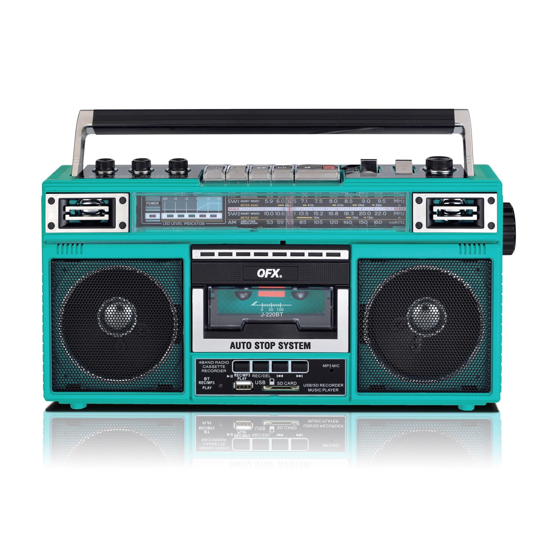 Radiocasetera QFX Turquesa Bluetooth con Conversión a MP3 y Ecualizador de 3 Bandas