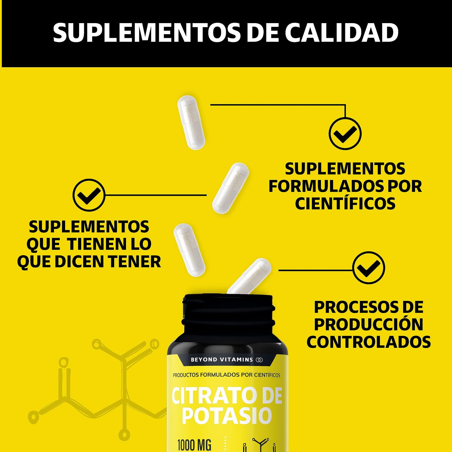 Citrato de Potasio 1000mg | Adicionados con Platano en Polvo, Curcuma y Semilla de uva | Vegano |Sin rellenos| Potassium Citrate -180 cápsulas