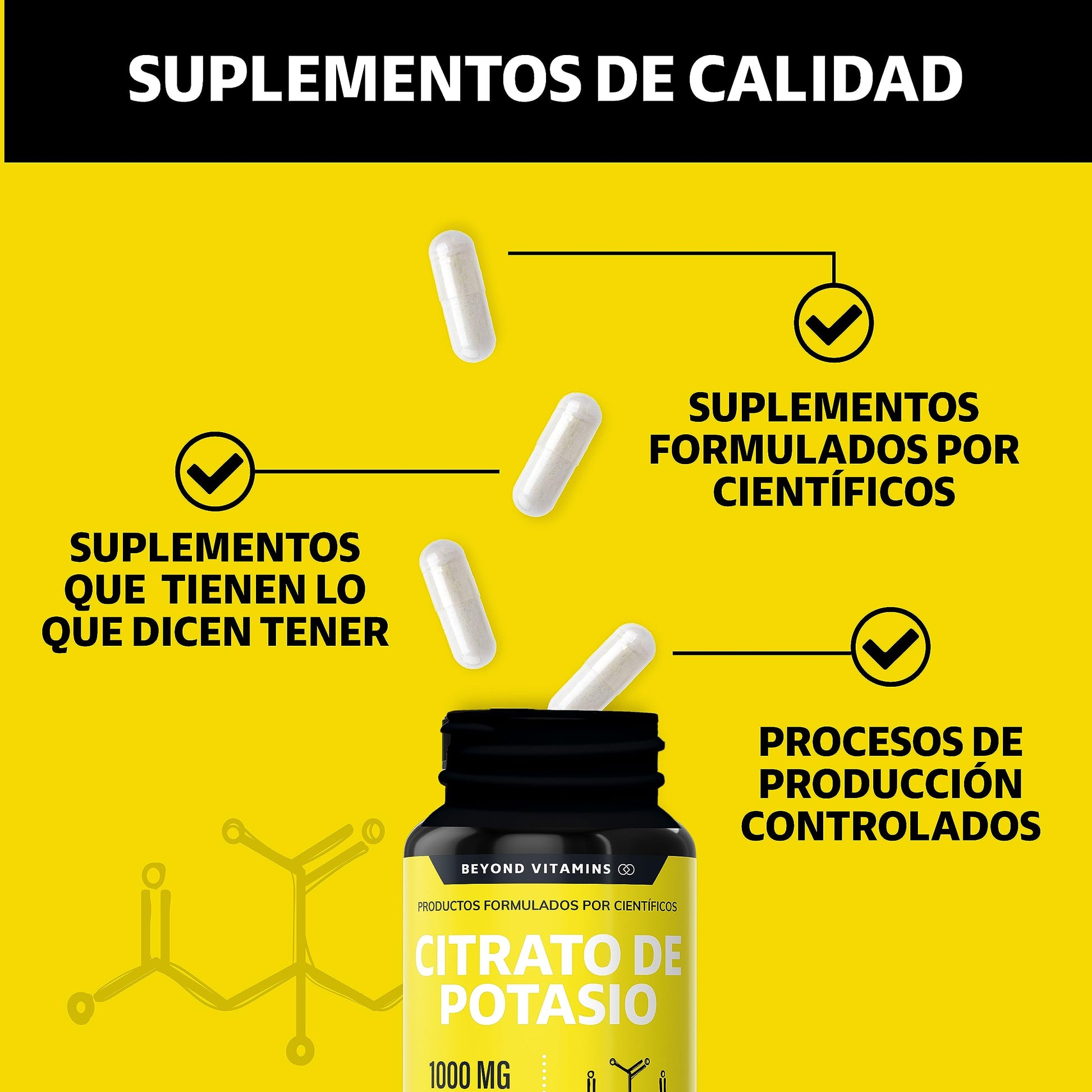 Citrato de Potasio 1000mg | Adicionados con Platano en Polvo, Curcuma y Semilla de uva | Vegano |Sin rellenos| Potassium Citrate -180 cápsulas