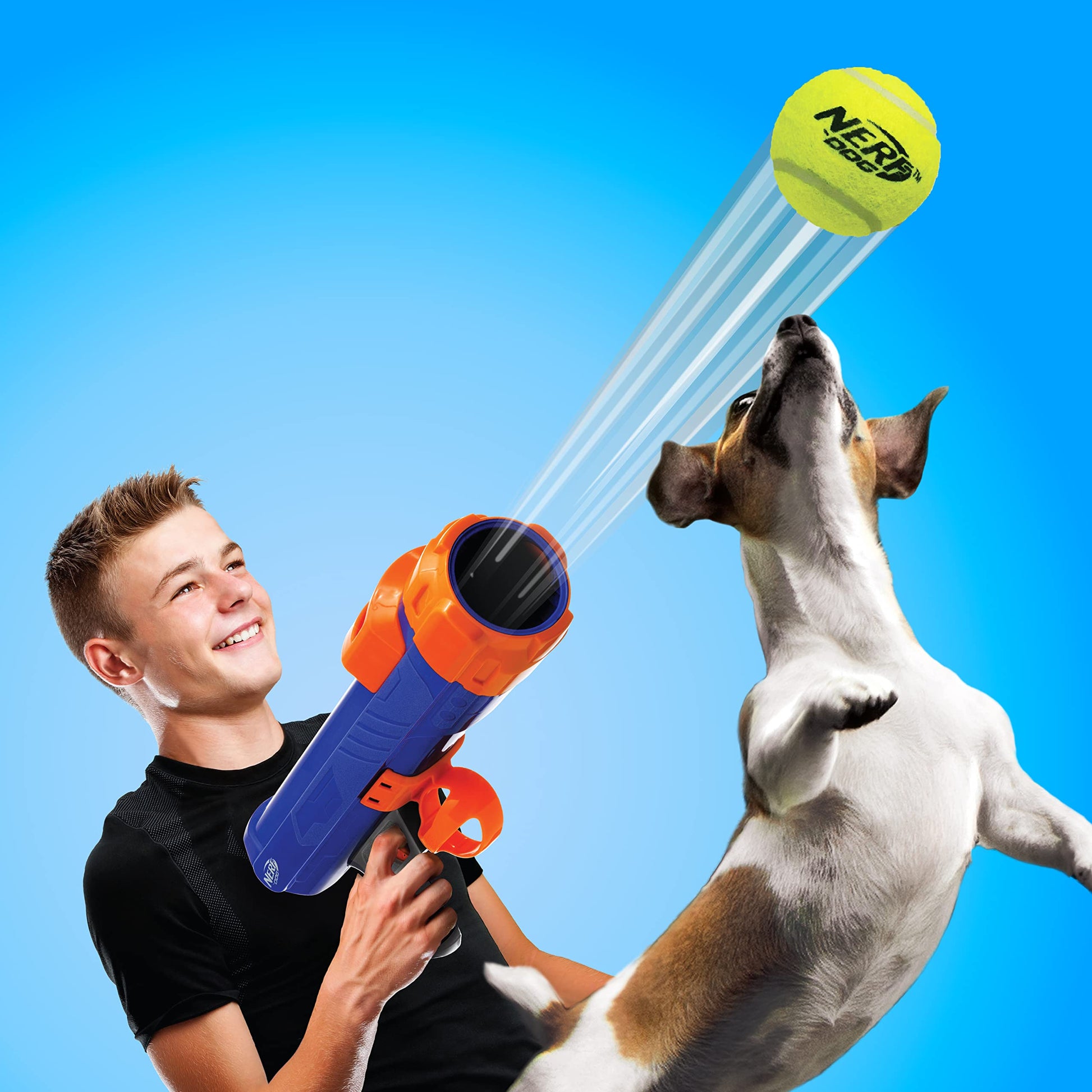Nerf Dog Blaster de 30,5 cm sin Clip de Bola 3 Pelotas de Tenis de 5 cm – Azul Opaco, Naranja/Gris y Naranja, Azul y Verde