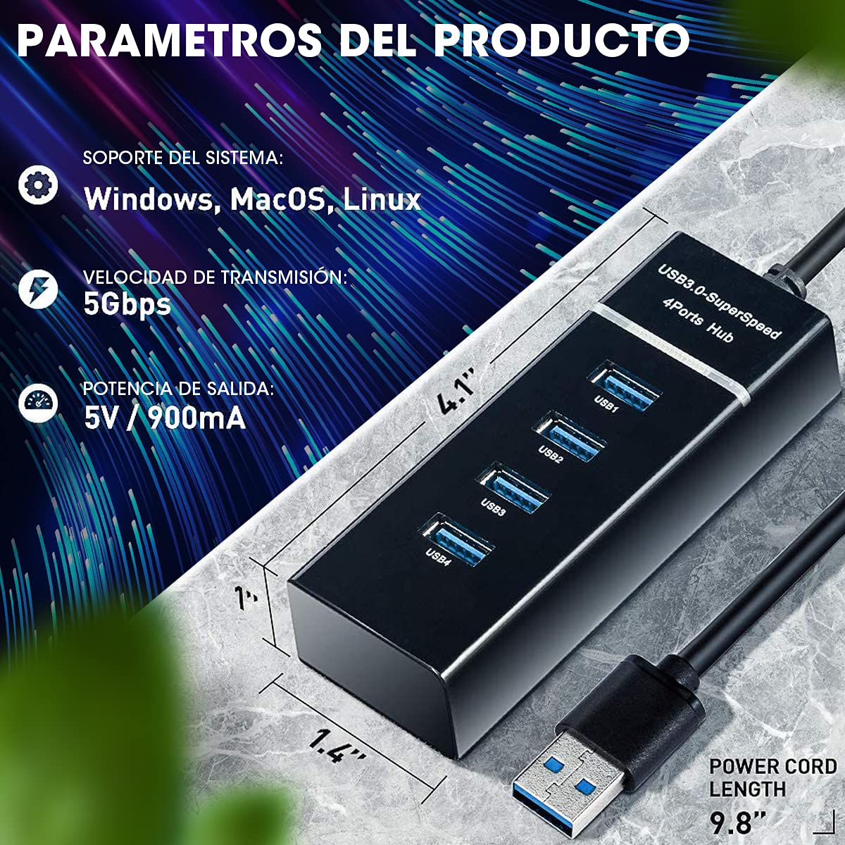 Hub USB 3.0 Sendowtek Negro SuperSpeed 5Gbps 4 Puertos para Multi Splitter Universal Compatible con Macbook, PC, PS4, Xbox, Memoria