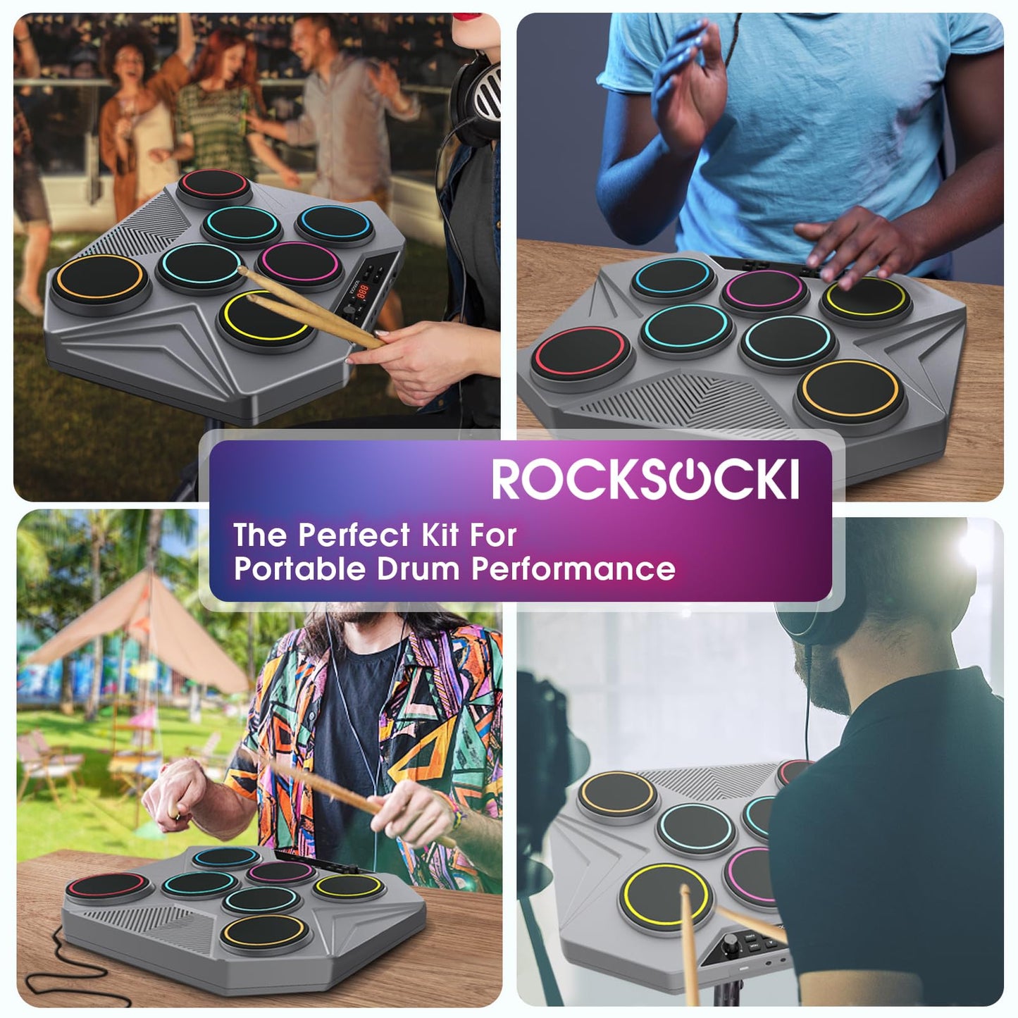 Juego de Batería Electrónica ROCKSOCKI Negra con 7 Almohadillas Sensibles y Luz LED para Mac y PC