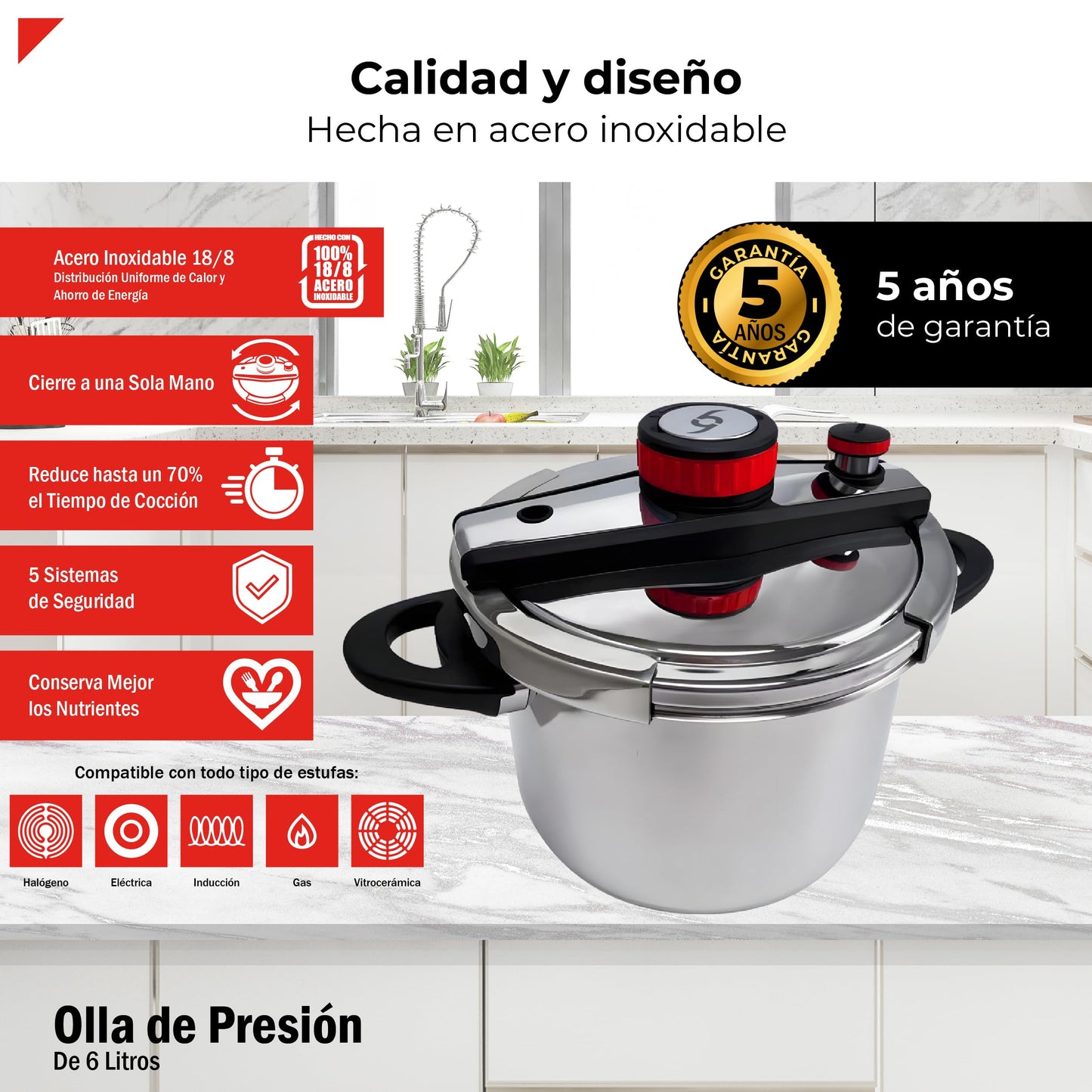 Olla de Presión Bogner Acero Inoxidable con Válvula de Seguridad y Depresurizador 6 Litros