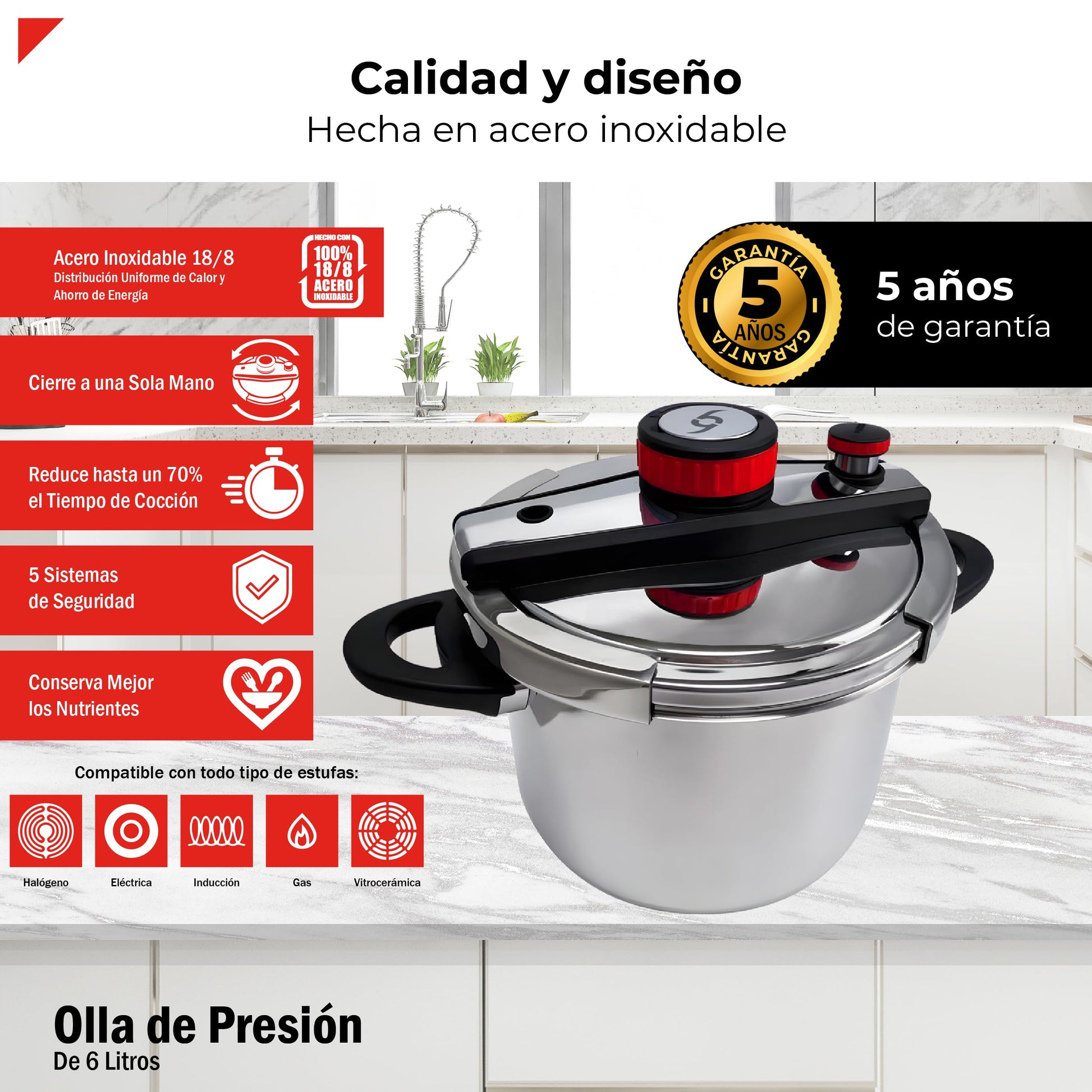 Olla de Presión Bogner Acero Inoxidable con Válvula de Seguridad y Depresurizador 6 Litros