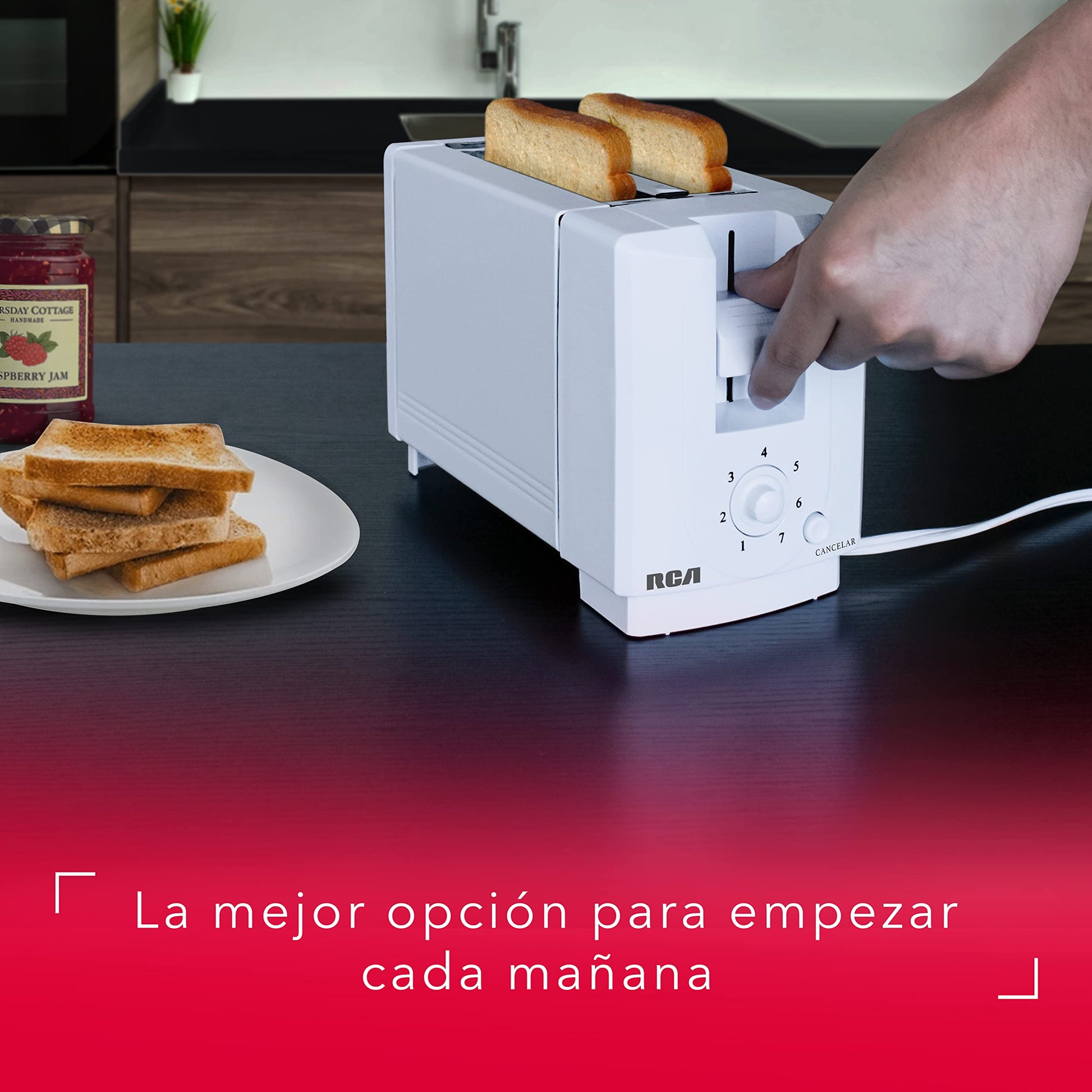 Tostador de Pan RCA, 2 ranuras, siete niveles de temperatura, boton para cancelar, bandeja de residuos extraible, blanco, modelo RC-T1