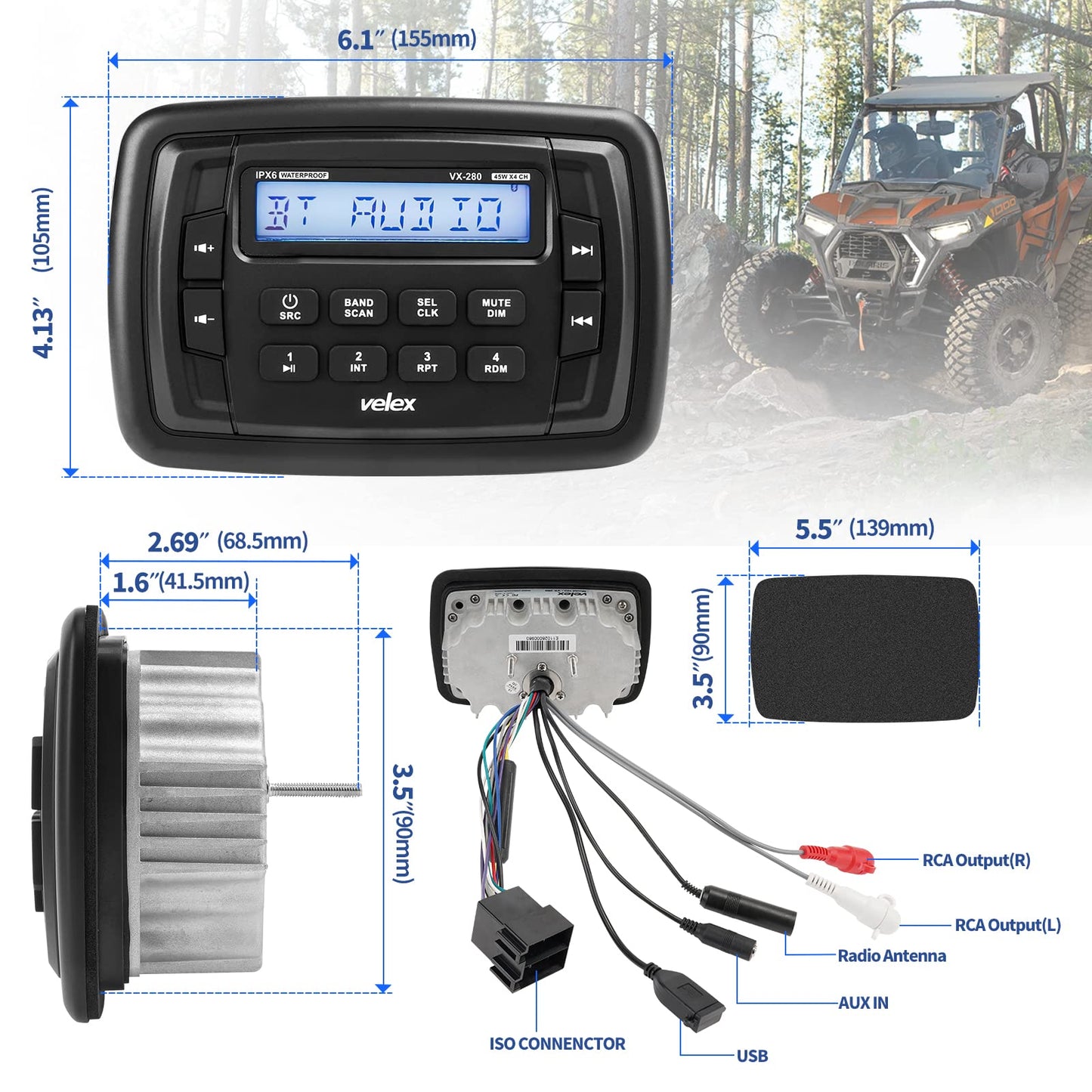 Radio Estéreo Velex Powersport Marine Bluetooth Blanco con Sintonizador AM FM para UTV ATV