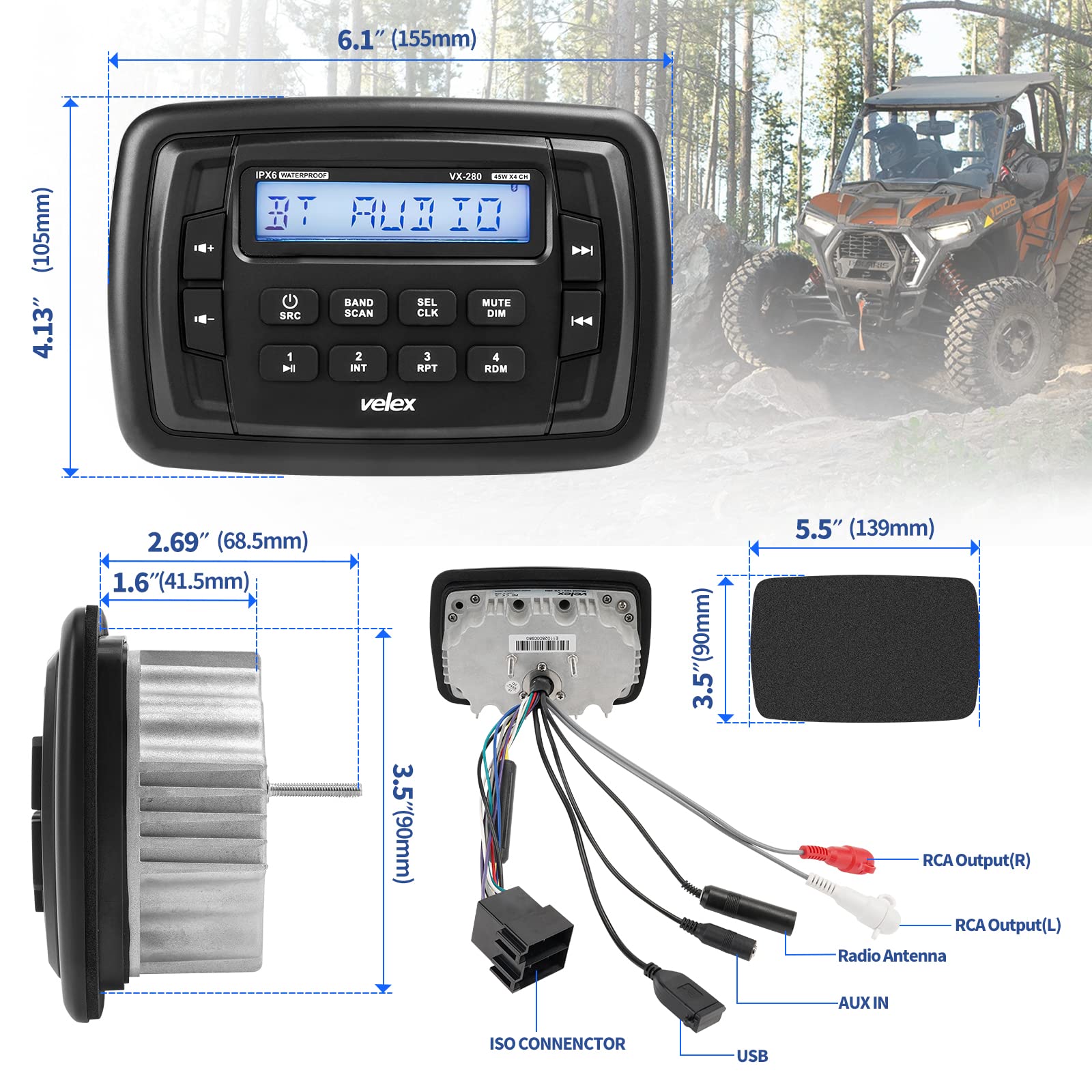 Radio Estéreo Velex Powersport Marine Bluetooth Blanco con Sintonizador AM FM para UTV ATV