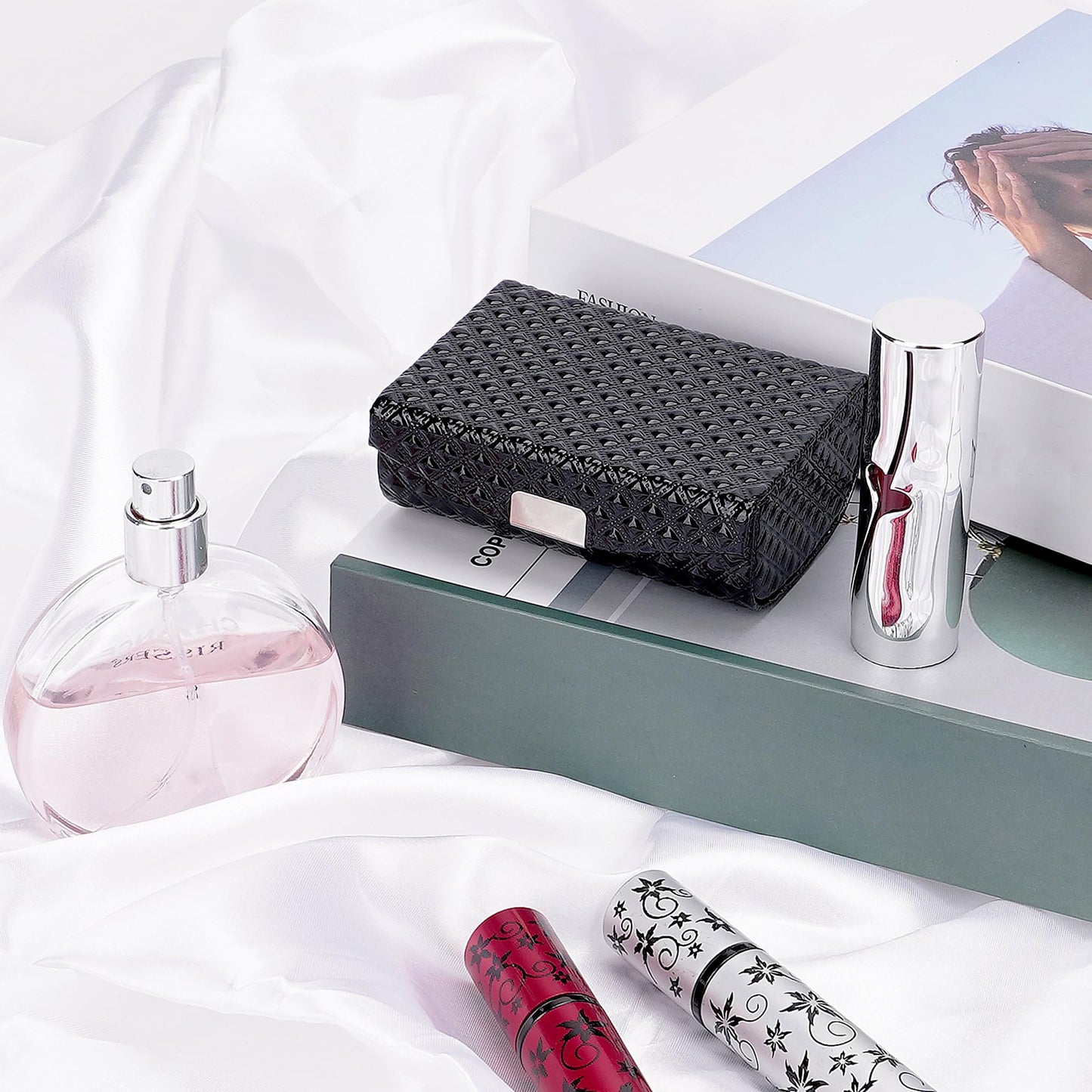 BUNCHBRAVO - Estuche para lápiz labial para 2 tubos, patrón de diamante, soporte para lápiz labial de piel vegano con espejo para retocar, organizador de maquillaje de viaje con cierre a presión