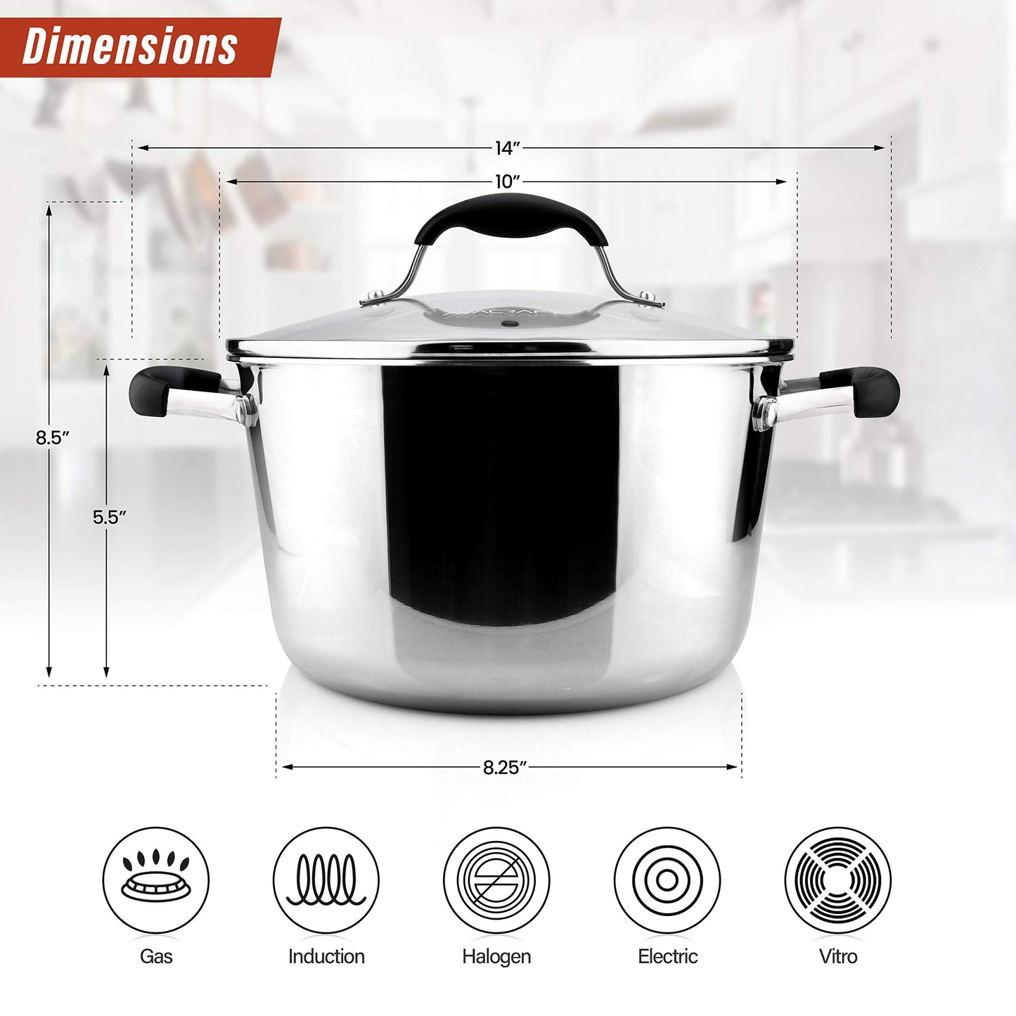 AVACRAFT Horno holandés de acero inoxidable 18/10 con tapa, olla holandesa con tapa, sartén de chef con tapa de vidrio en ollas y sartenes, olla de inducción, olla de stock (5 cuartos de galón)