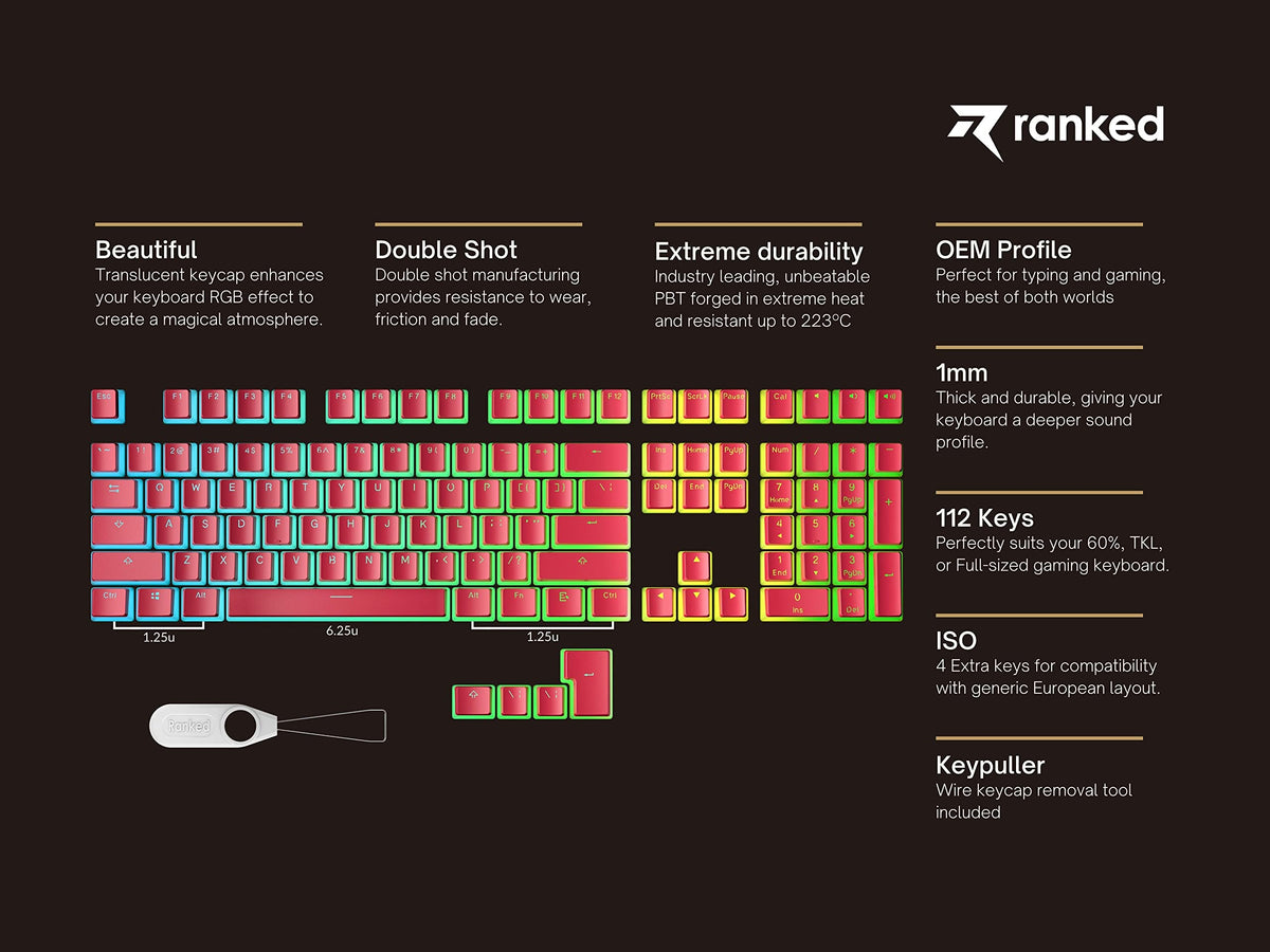 Teclas PBT Ranked Rojo Translúcidas Double Shot para Teclado Mecánico RGB Perfil OEM
