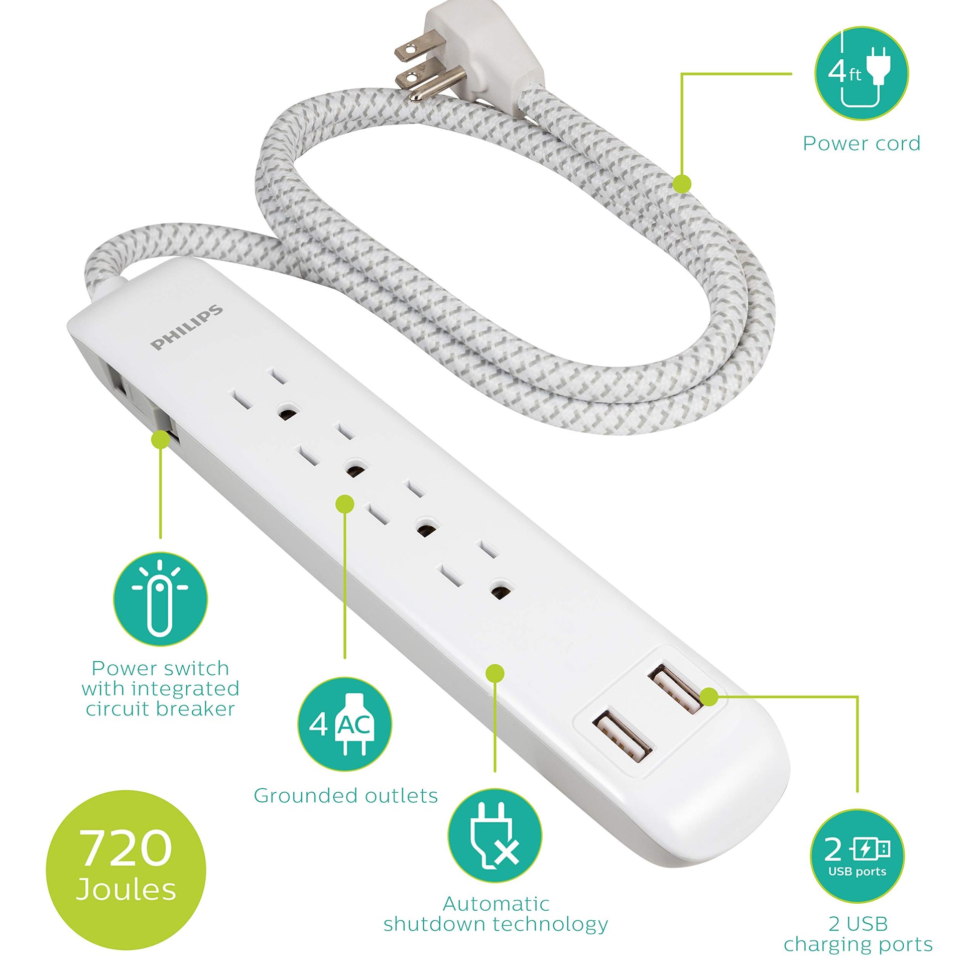 PHILIPS Protector contra sobretensiones de regleta de 4 Salidas con 2 Puertos USB, Cable de alimentación de 1,2 m, Enchufe Plano, 720 Julios, Blanco, SPC6244WCT1 / 37