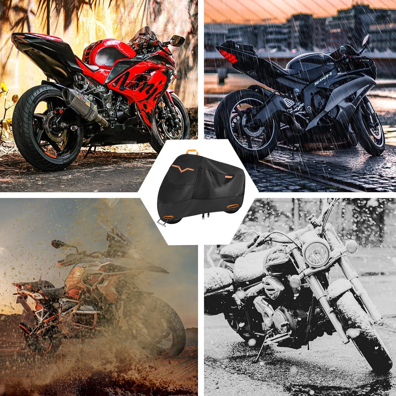 ANNA TOSANI Funda para Moto, 210D Impermeable Cubierta de Motocicleta Cubierta Protector para Moto Exterior y Interior con 3 Tiras Reflectantes y 2 Orificios para Cerradura para Moto 245x105x125cm
