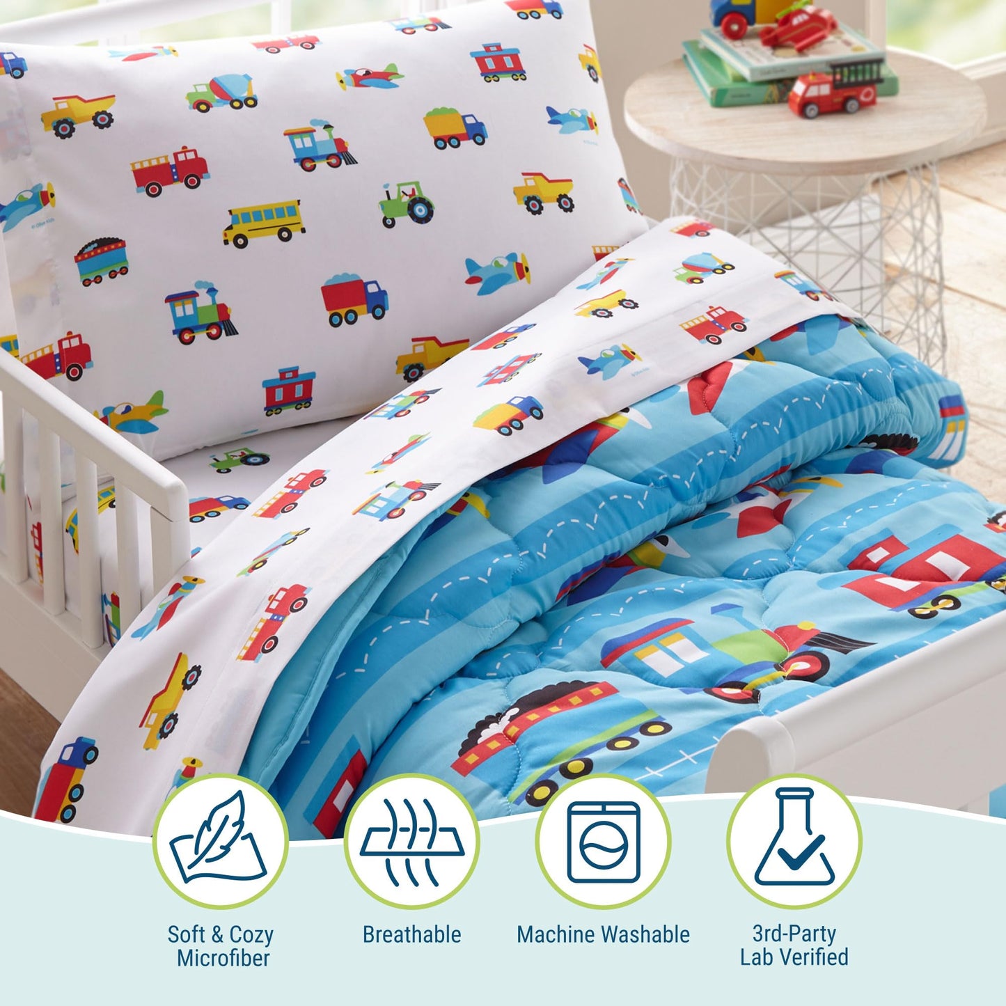 Wildkin Cama infantil de 4 piezas en una bolsa para niños y niñas, juego de ropa de cama de microfibra incluye edredón, sábana encimera, sábana bajera y una funda de almohada (trenes, aviones y camiones)