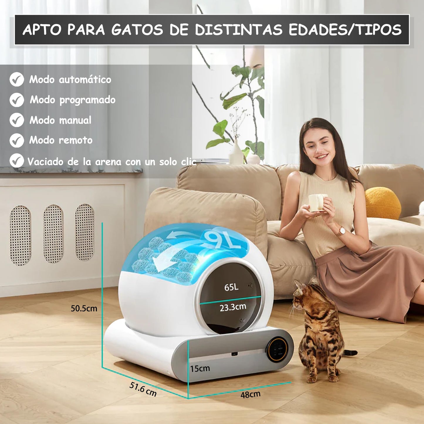 Fateplay Arenero para Gato Autolimpiable 65 litros, Bandeja Sanitaria Automática Smart Cat House, Caja de Arena para Gatos Autolimpiable Casa para Gatos App Smart Litter Box