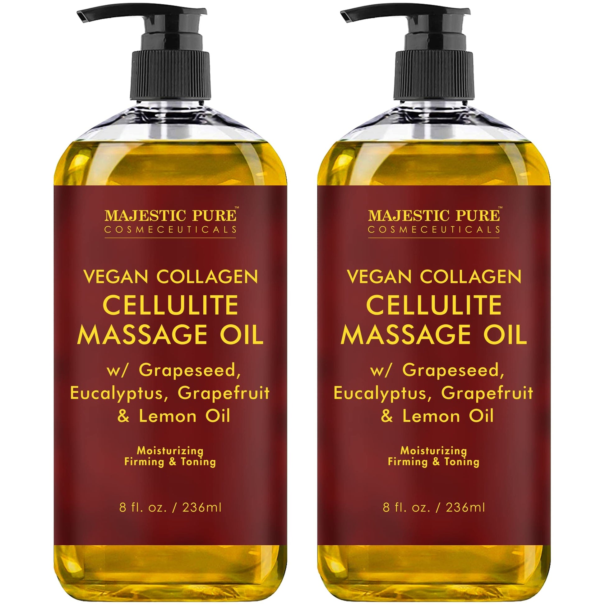 MAJESTIC PURE Majestic Aceite de masaje de celulitis natural puro, mezcla única de aceites esenciales de masaje, mejora la firmeza de la piel, más eficaz que la crema de celulitis, 8 onzas líquidas, Paquete con 2