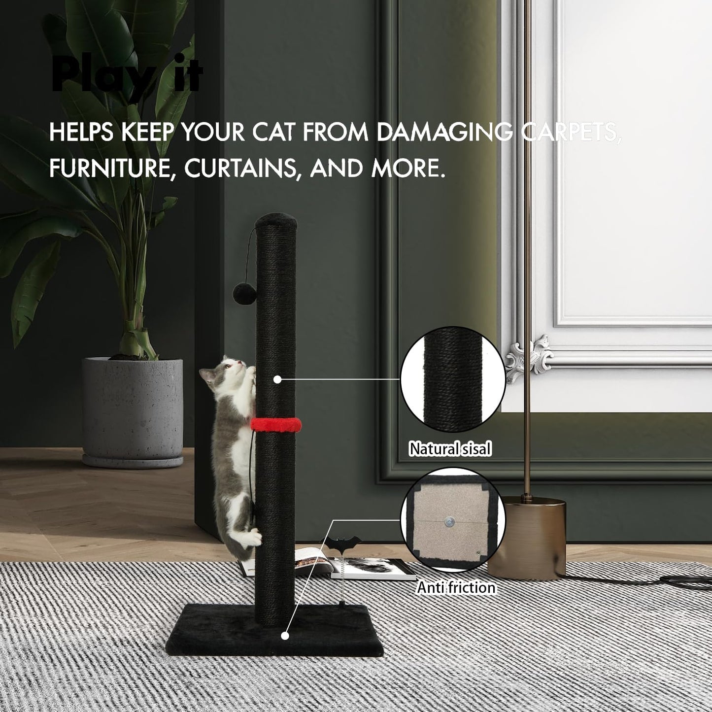 Poste Rascador de Sisal MECOOL Negro con Bola Colgante para Gatos Adultos y Gatitos de Interior