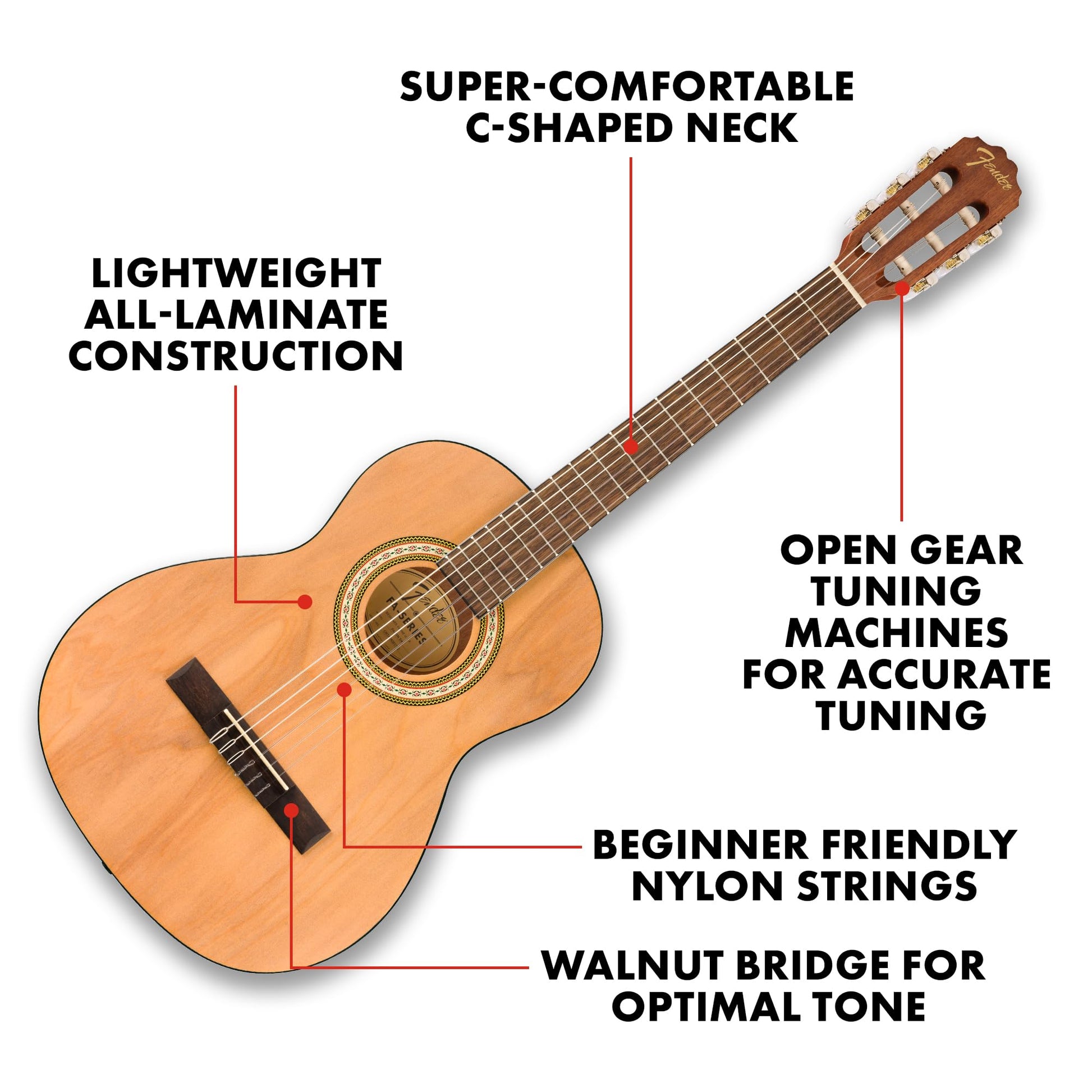 Fender FA-25N Guitarra acústica de nailon de tamaño 3/4, guitarra principiante, con 2 años de garantía, guitarra perfecta para principiantes para niños que es fácil de poner los dedos, incluye 3 meses