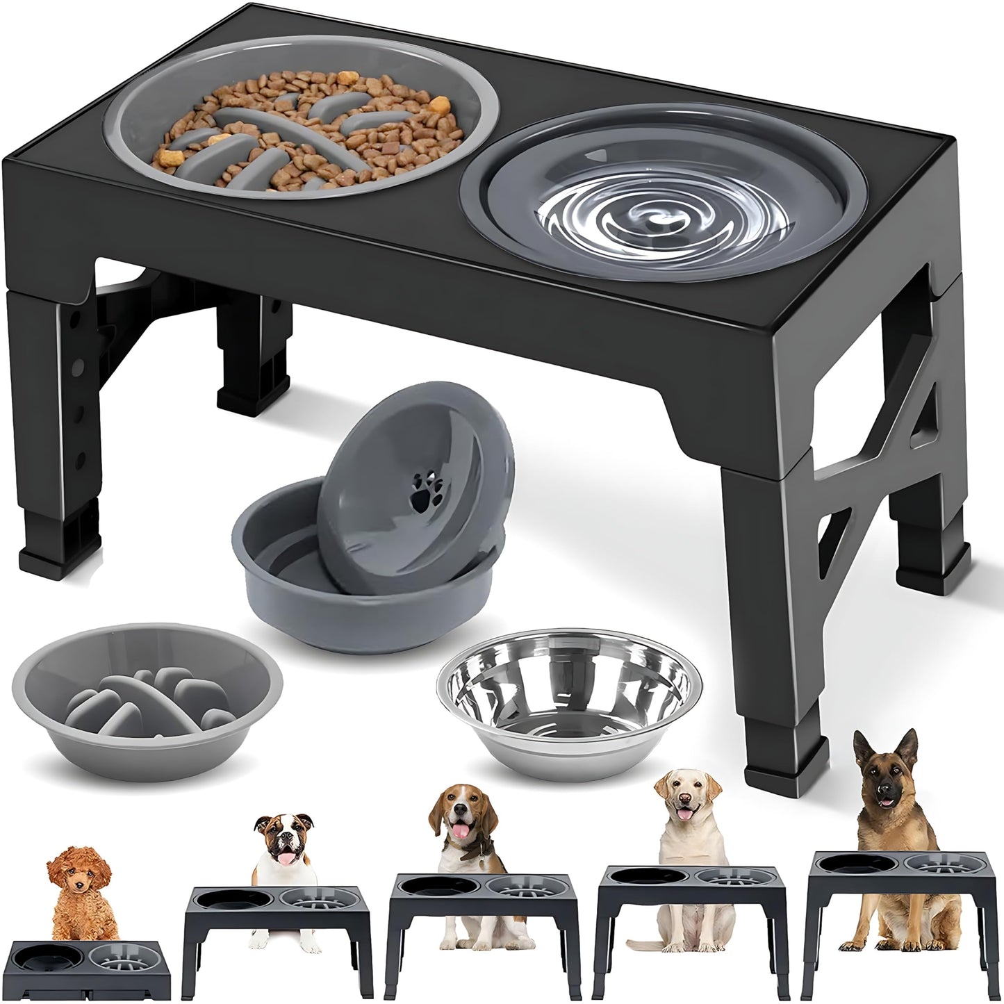 Cuencos Elevados EKEJLI Negro Ajustables para Perros y Gatos de Tamaño Mediano y Grande