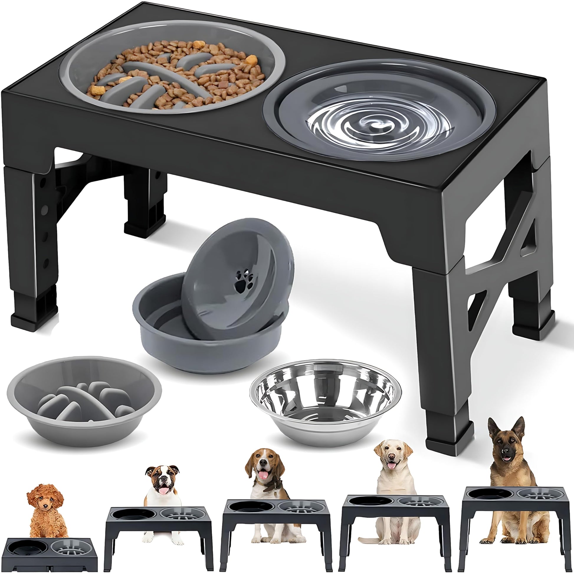 Cuencos Elevados EKEJLI Negro Ajustables para Perros y Gatos de Tamaño Mediano y Grande