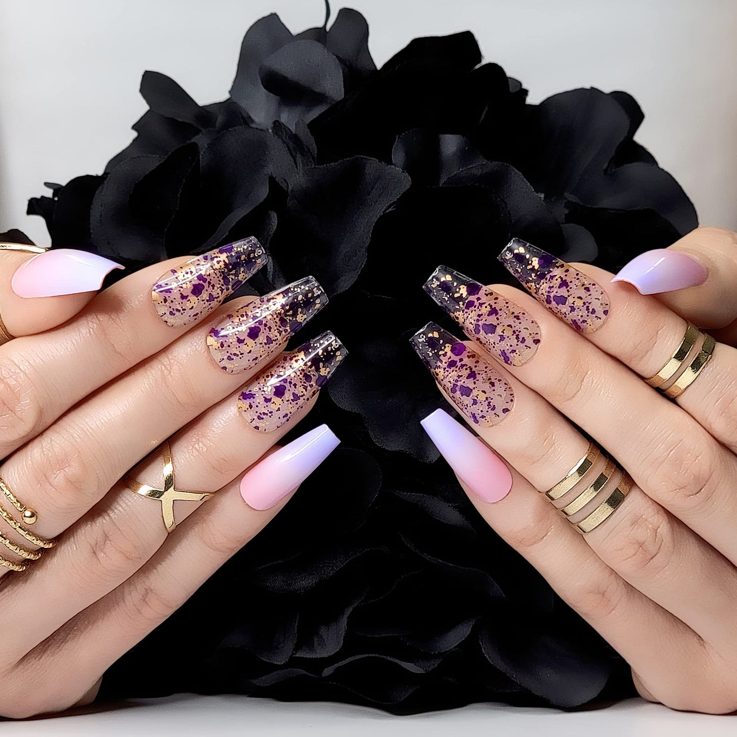 Hypnaughty 24 Pcs Rio Purple and Pink Ombre Coffin Press on Nails with Design and Glue Long and Extra Long Fake Nails Purple and Pink Ombre with Transparent Gold and Purple Design Glue on Nails (Rio)
