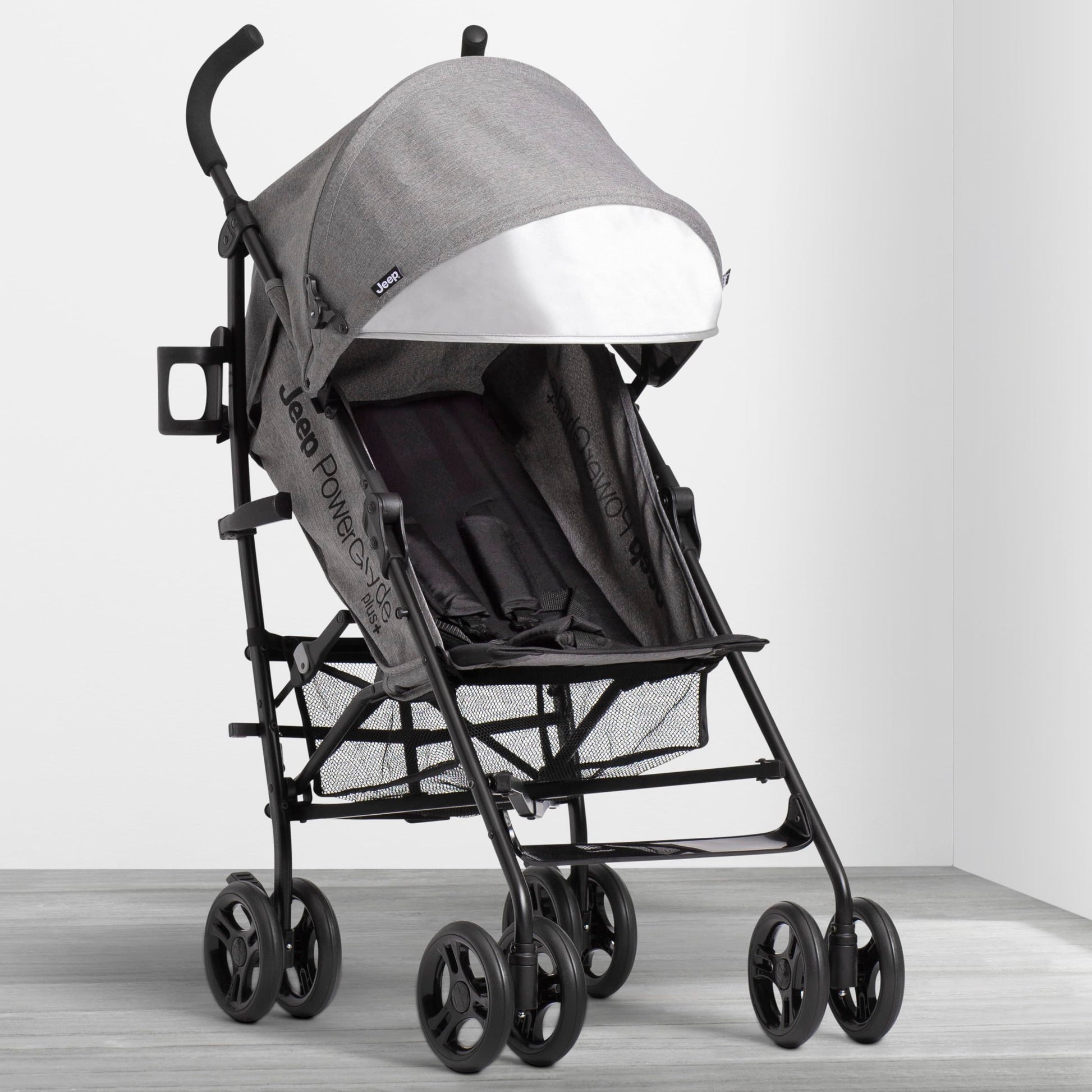 Jeep PowerGlyde Plus - carriola de viaje ligero para niños, con marco de aluminio, reclinación de 4 posiciones, cesta de almacenamiento extragrande, gris