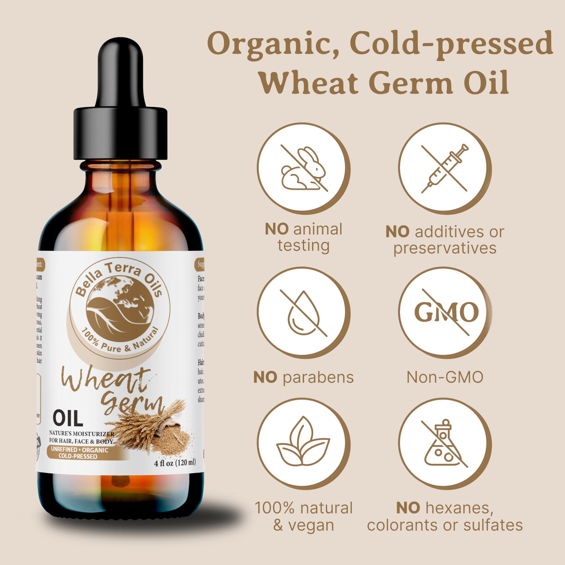 Bella Terra Oils Wheat Germ Carrier Oil. 4oz. 100% Pure. Cold-pressed. Unrefined. Rich in Vitamin E. Non-comedogenic. Soothes Dry Skin. Natural Moisturizer for Skin Hair Nails Stretch Marks