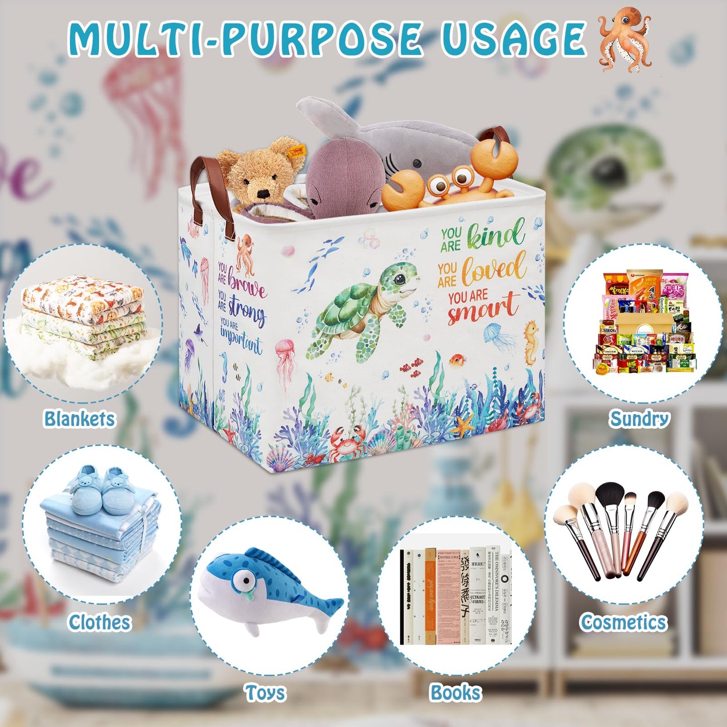 Cesta de almacenamiento de tortugas marinas, cesta vacía de regalo para bebé, cesta de regalo para guardería, cesta de lavandería rectangular para niños, cesta plegable para ropa, libro de juguetes