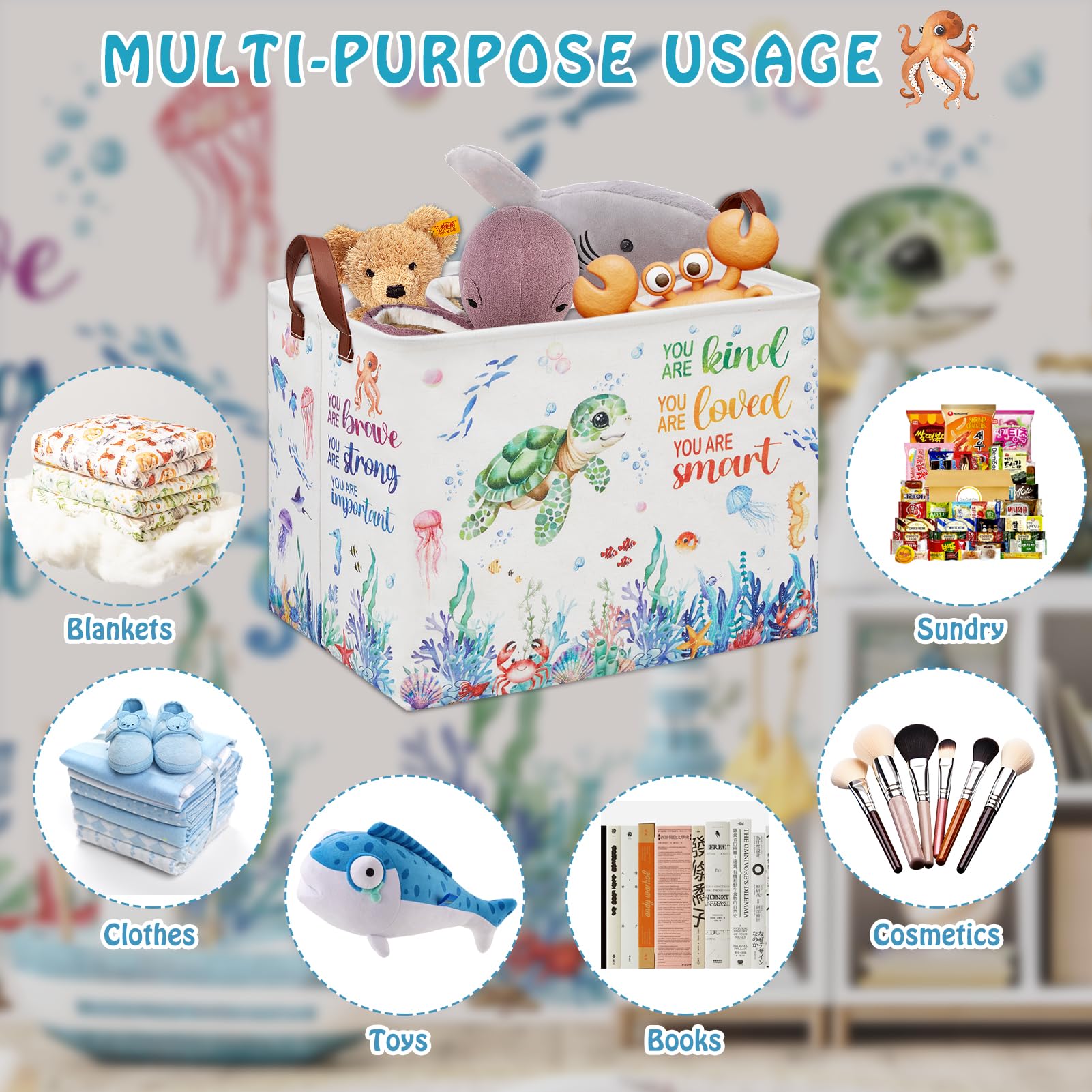 Cesta de almacenamiento de tortugas marinas, cesta vacía de regalo para bebé, cesta de regalo para guardería, cesta de lavandería rectangular para niños, cesta plegable para ropa, libro de juguetes