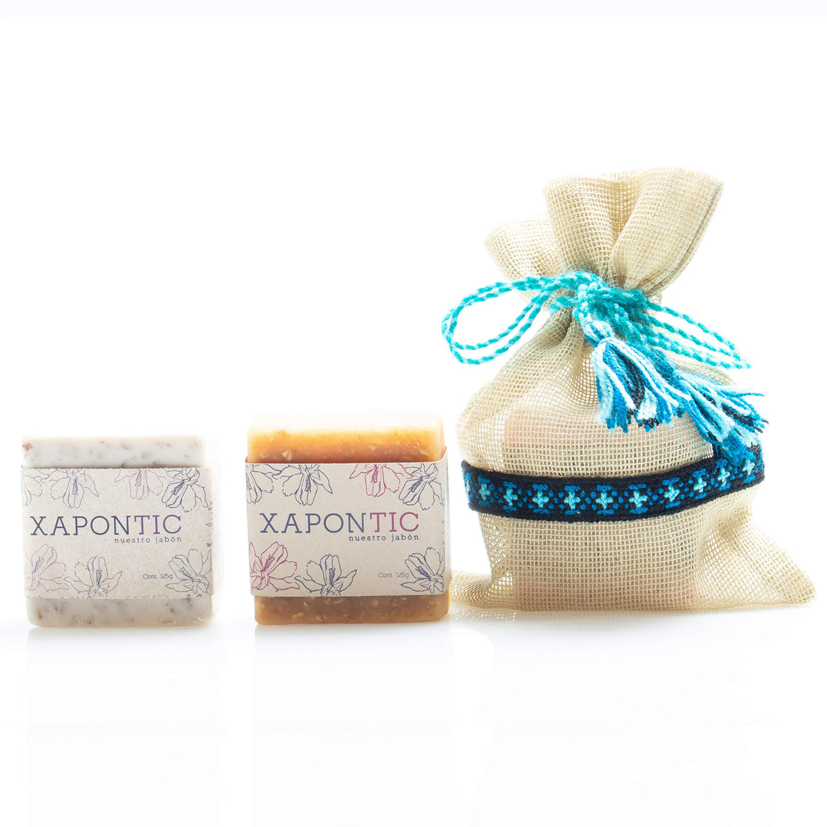 Kit Xapontic de 2 jabones artesanales (Miel-Avena y Lavanda) con bolsa bordada a mano