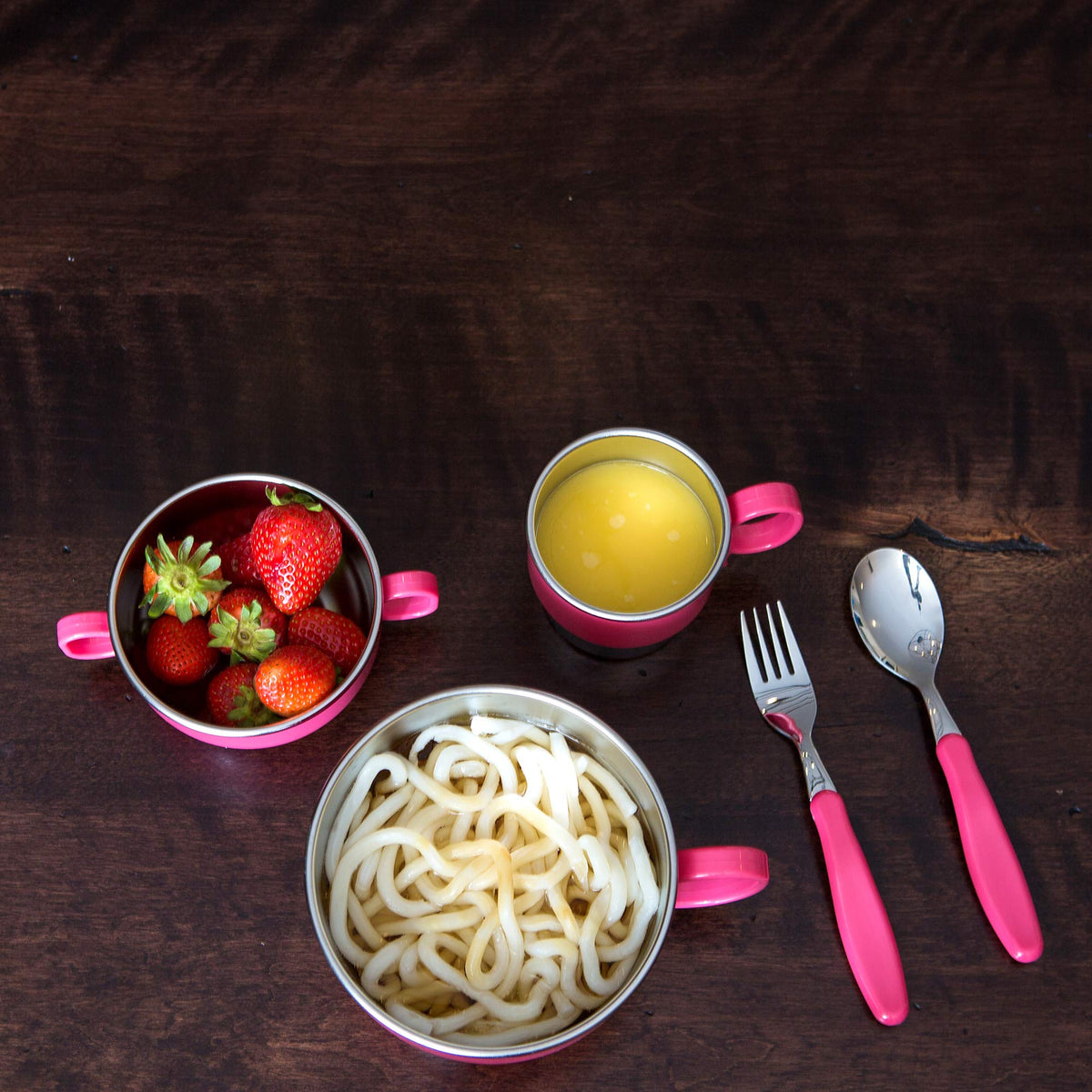 Innobaby Din Din Smart EZ Grip Cuchara y tenedor con estuche de transporte, juego de utensilios para niños y niños, sin BPA (rosa)