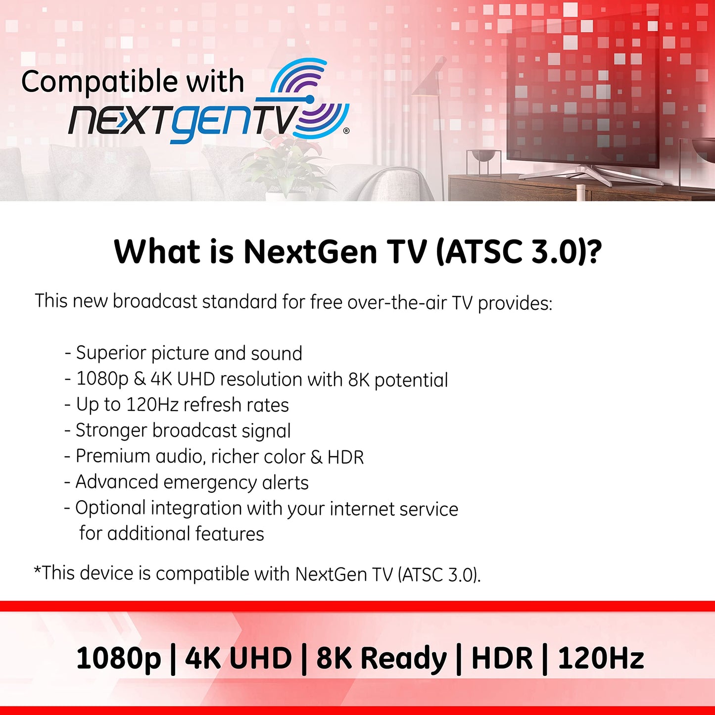 GE 33675 Antena pasiva básica Interior 1080p, Color Pack of/Paquete de 1