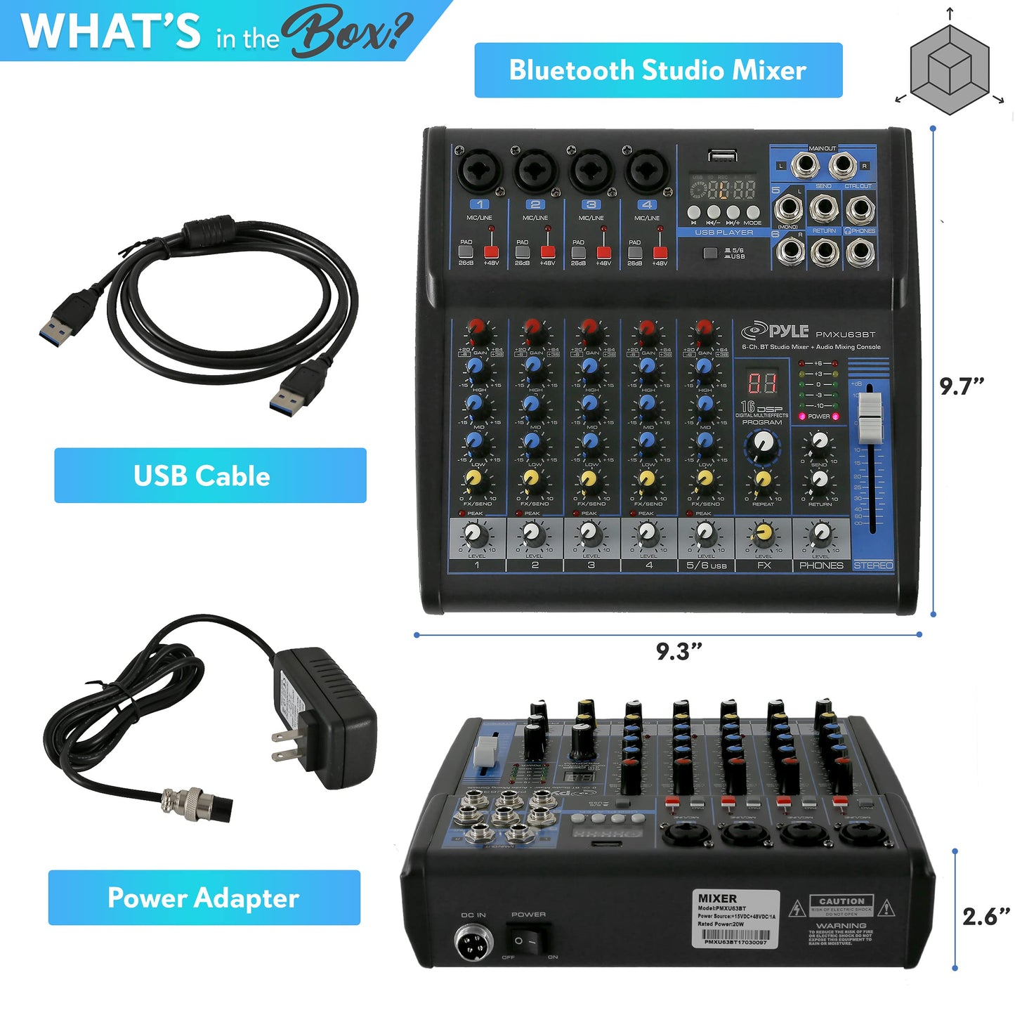 Consola Mixer de Audio Profesional Pyle Bluetooth USB 6 Canales con Potencia Fantasma y DSP 16 Bit