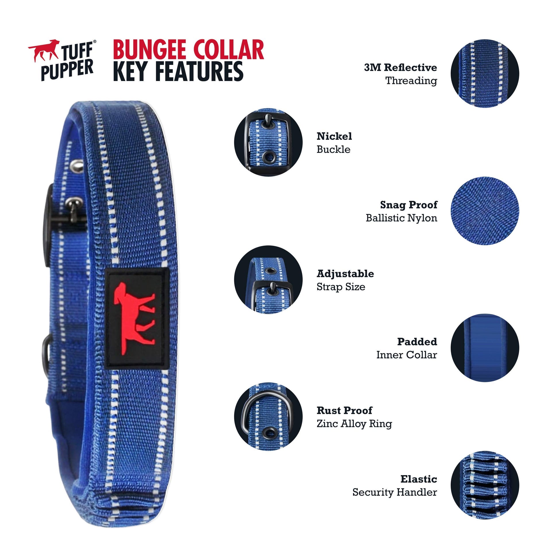 Tuff Pupper Collar de perro resistente con asa | Collar de nailon balístico resistente | Collar reflectante acolchado con herrajes de acero inoxidable ajustables | Tamaño conveniente para todas las razas