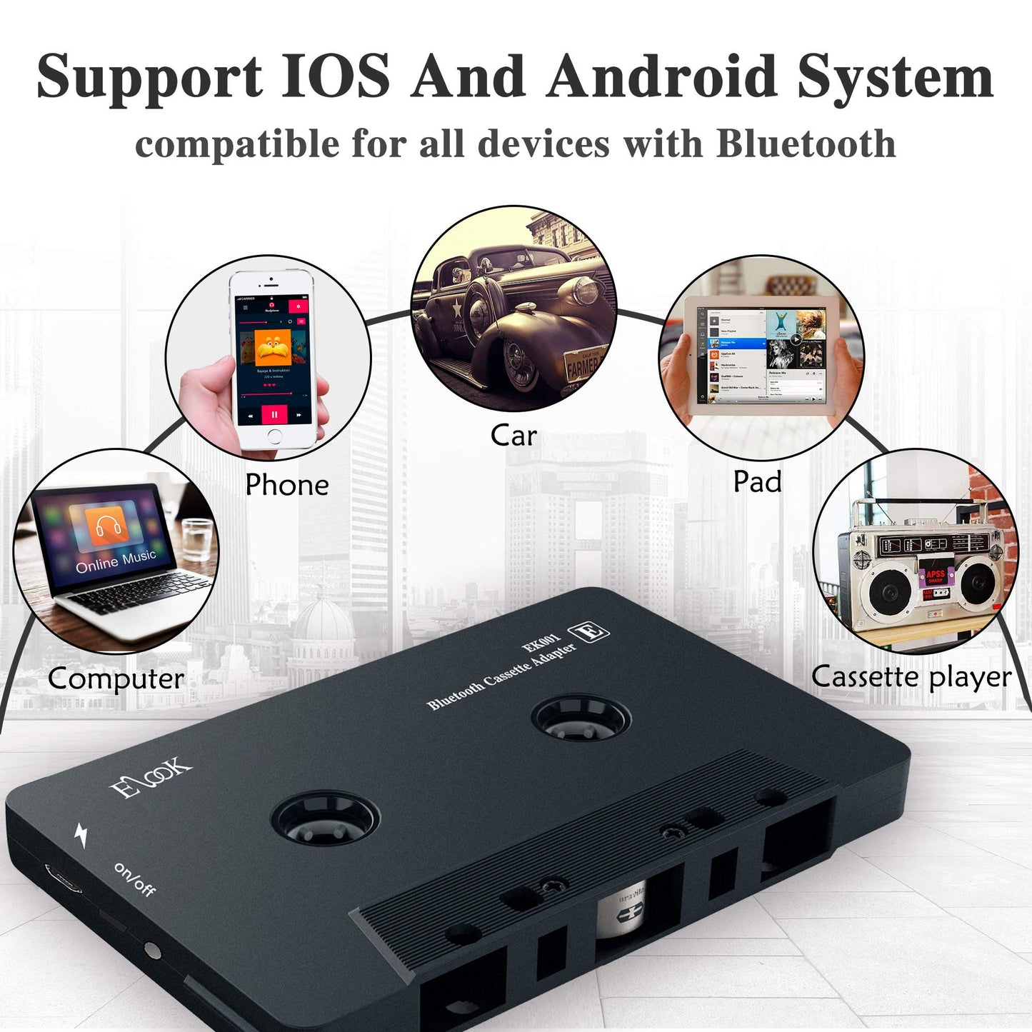 Elook Receptor de Audio para Coche, Receptor de Casete Bluetooth, Adaptador Auxiliar con Bluetooth 5.0