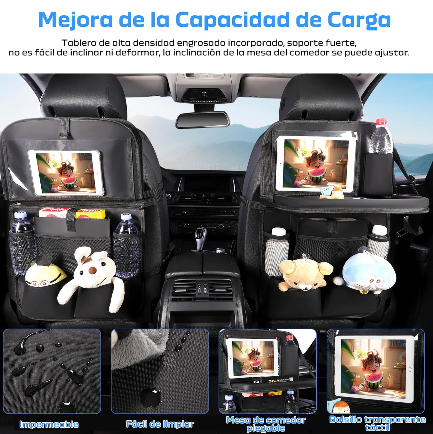 Organizador Asiento Trasero Auto con Bandeja, Bolsa de Almacenamiento para Asiento de Coche para Niños, Protector para Asiento Trasero Coche, Artículos Esenciales para Viajes Familiares por Carretera