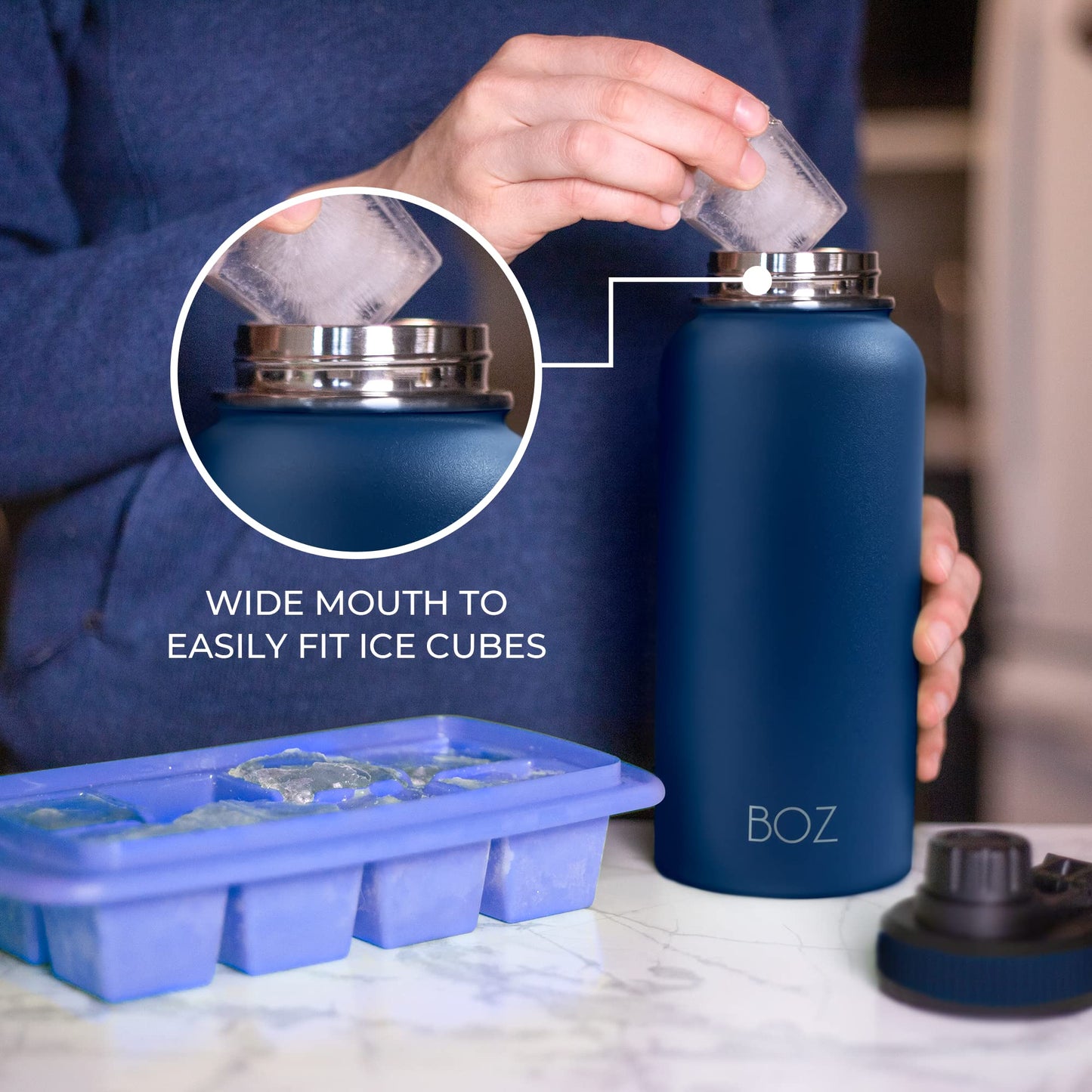 BOZ Botella de agua de acero inoxidable, termo de acero inoxidable 1 litro XL (1 L / 34 oz) boca ancha, sin BPA, aislamiento de doble pared al vacío (Monaco Blue)
