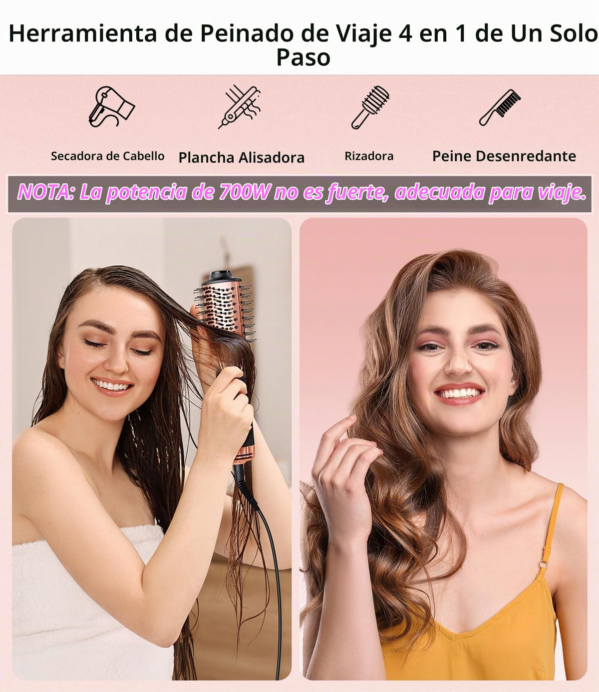Cepillo Secador de Pelo Desalo Negro Doble Voltaje Compacto para Viajes por Europa