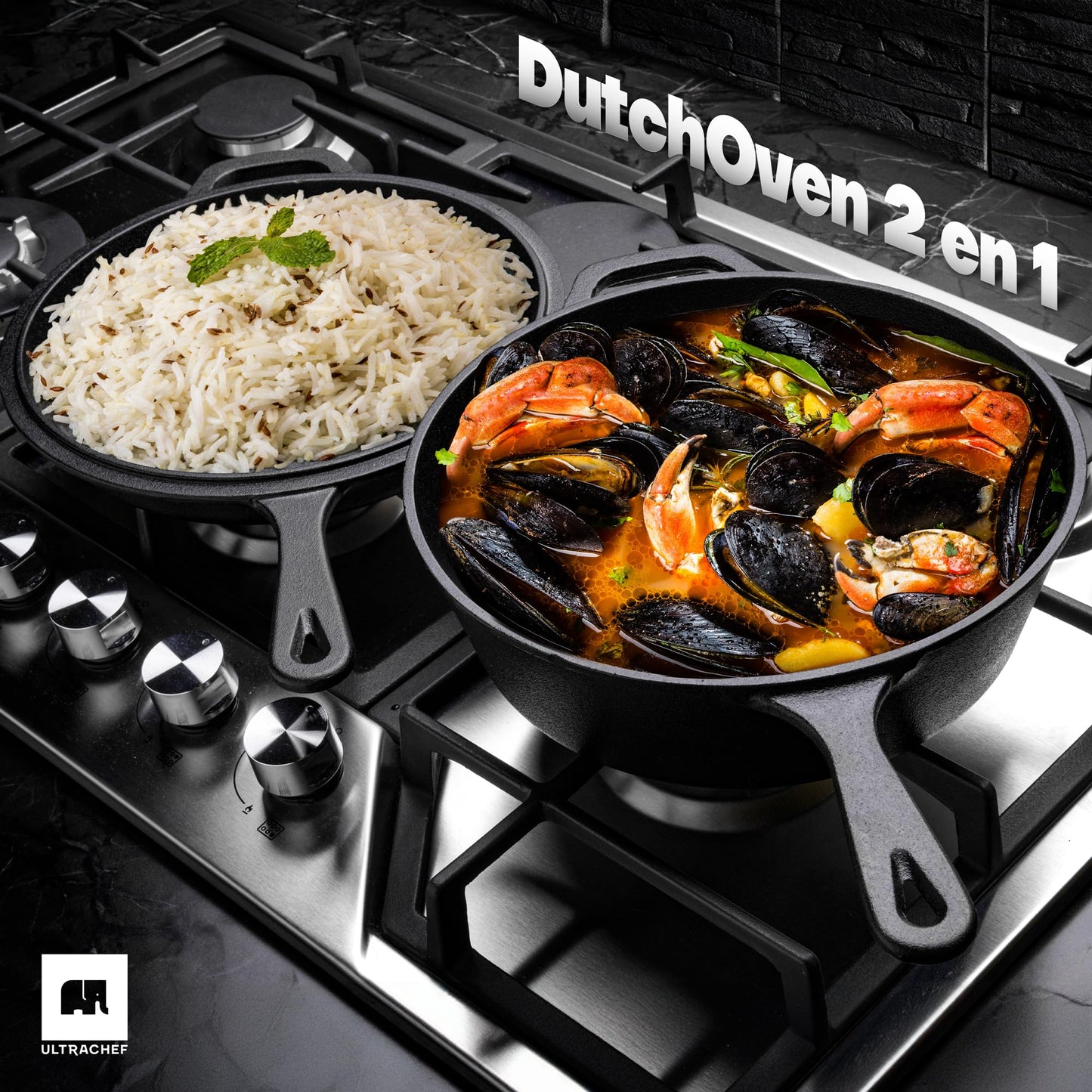 ULTRACHEF Olla de Hierro Fundido 2 en 1 para Estufa y Horno | Horno Holandés y Sartén de Hierro Fundido con Asa y Mango | Dutch Oven | Tamaño 26 cm, Capacidad 2.8 Litros