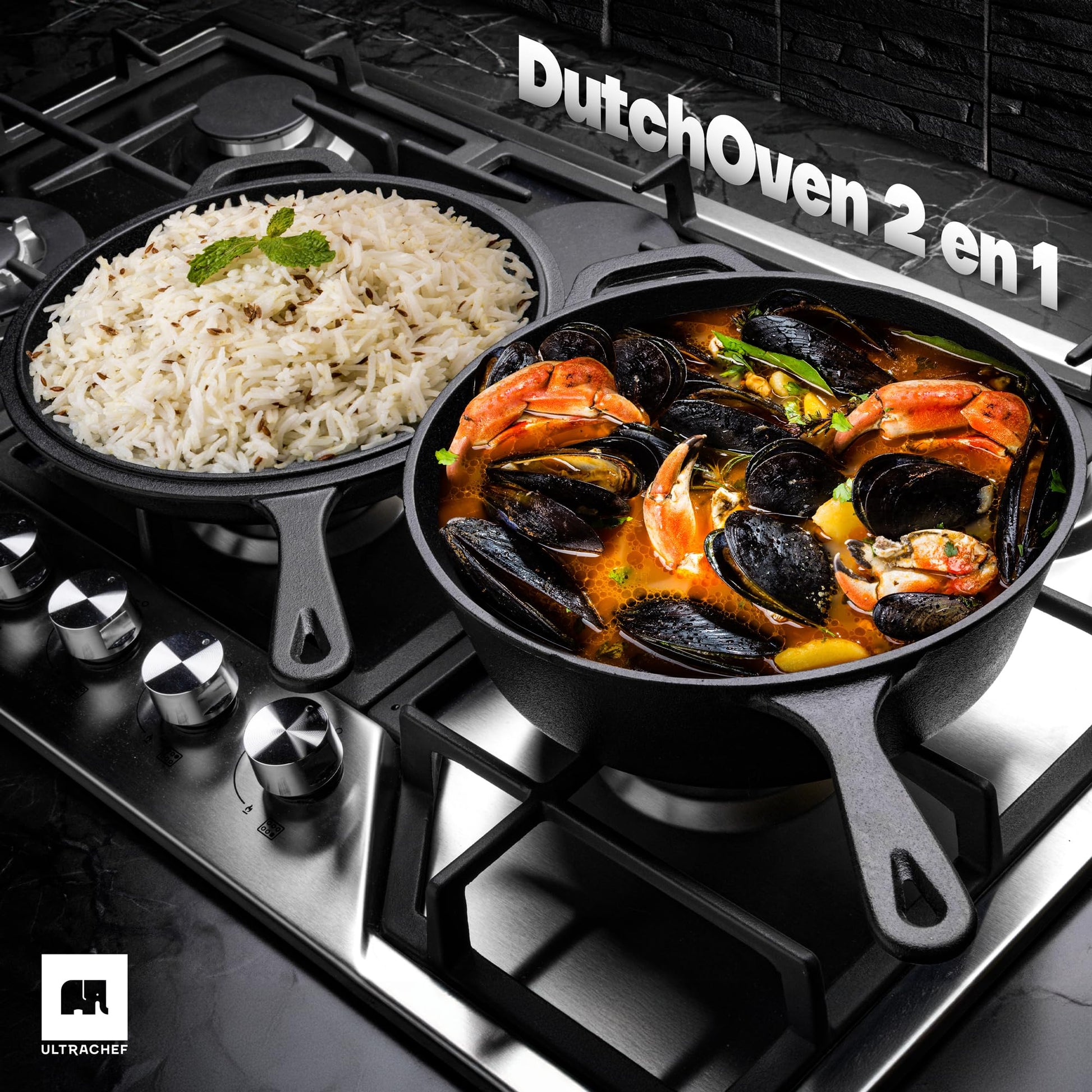 ULTRACHEF Olla de Hierro Fundido 2 en 1 para Estufa y Horno | Horno Holandés y Sartén de Hierro Fundido con Asa y Mango | Dutch Oven | Tamaño 26 cm, Capacidad 2.8 Litros