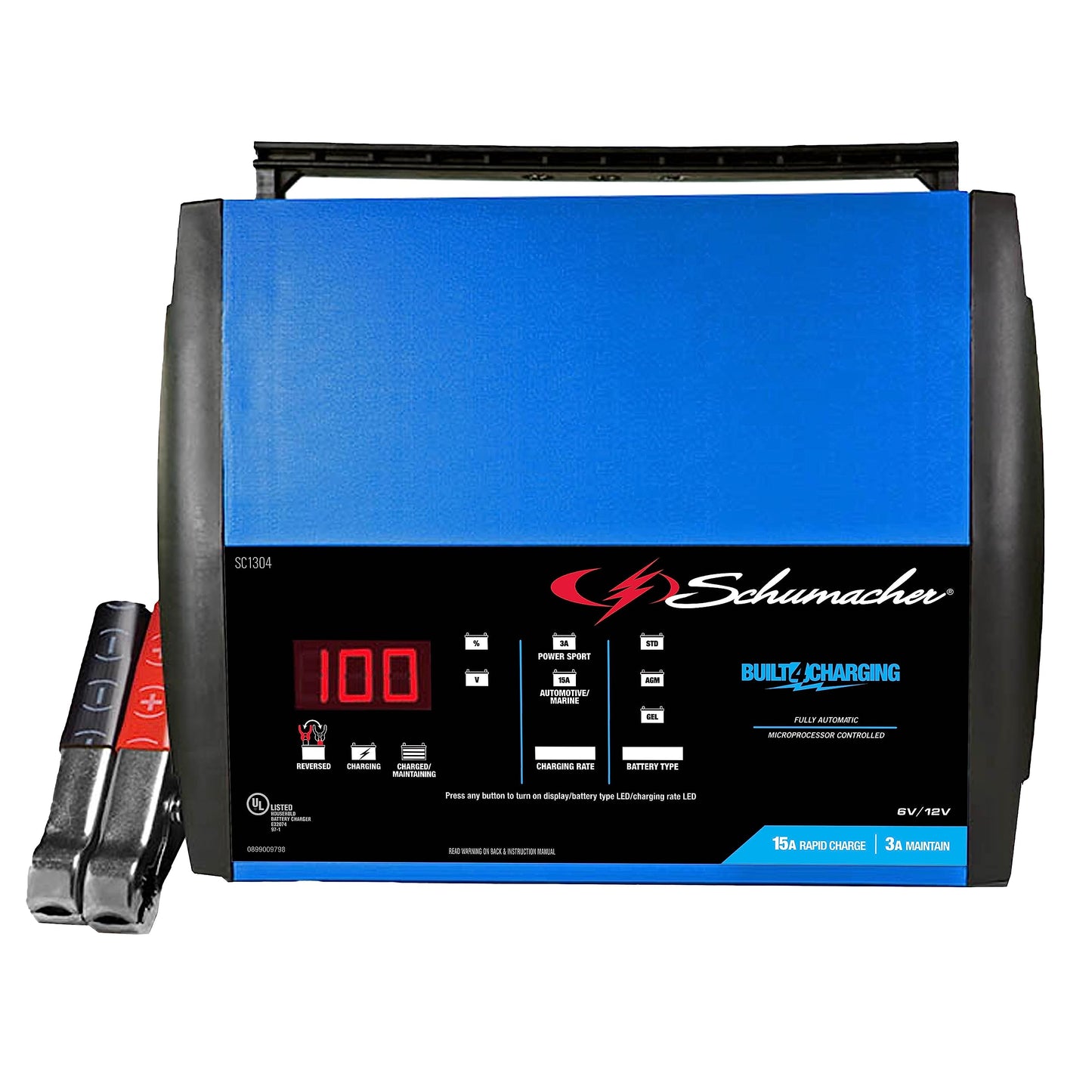 Schumacher SC1304 - Cargador y mantenedor rápido eléctrico 2 en 1 - Totalmente automático, 15 amperios, 12 voltios y 6 voltios, para motocicletas, deportes de potencia, marinos, automóviles y camiones