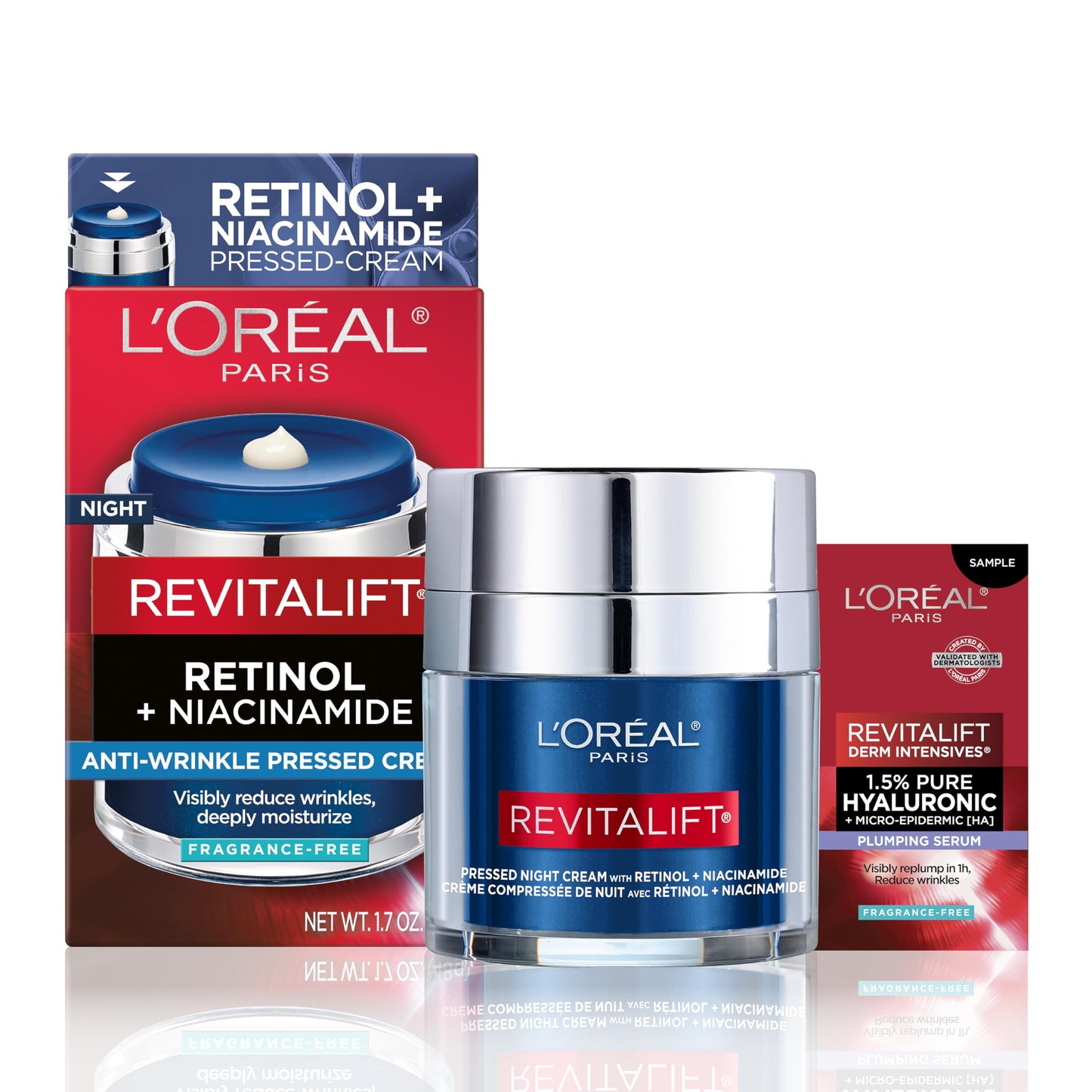 L'Oreal Paris Revitalift Pressed Night Cream with Retinol, Niacinamide, Visibly Reduce Wrinkles, Hydrate for Face, Under Eye, Neck, Chest, Dermatologist tested + Hyaluronic Acid Serum Sample, 1 kit, 2