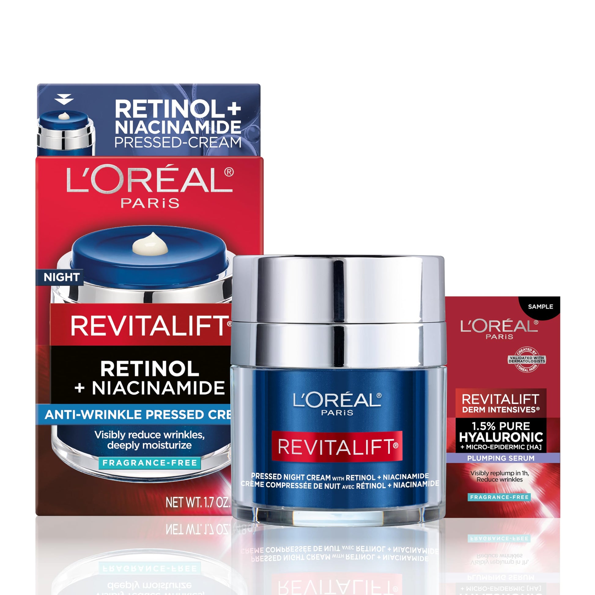 L'Oreal Paris Revitalift Pressed Night Cream with Retinol, Niacinamide, Visibly Reduce Wrinkles, Hydrate for Face, Under Eye, Neck, Chest, Dermatologist tested + Hyaluronic Acid Serum Sample, 1 kit, 2